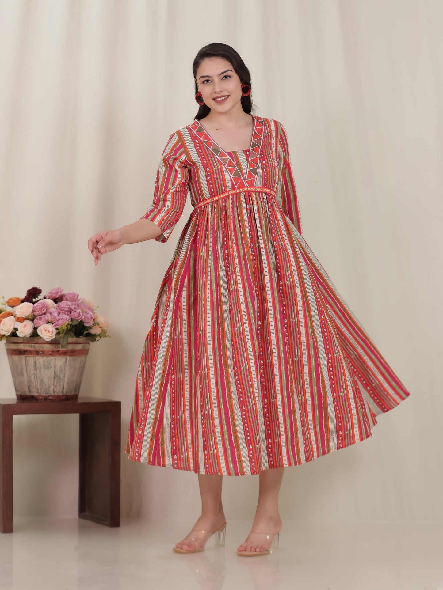 Linen Cotton Striped Gathered Multicolor Dress