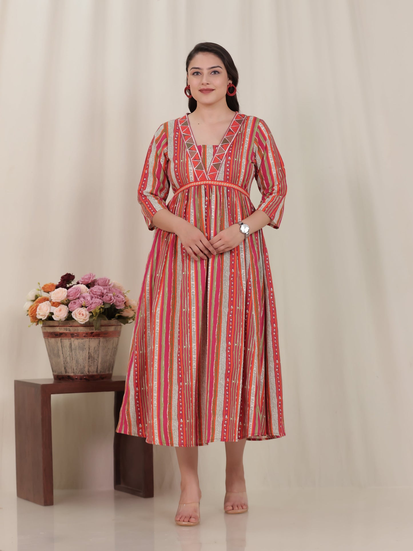 Linen Cotton Striped Gathered Multicolor Dress