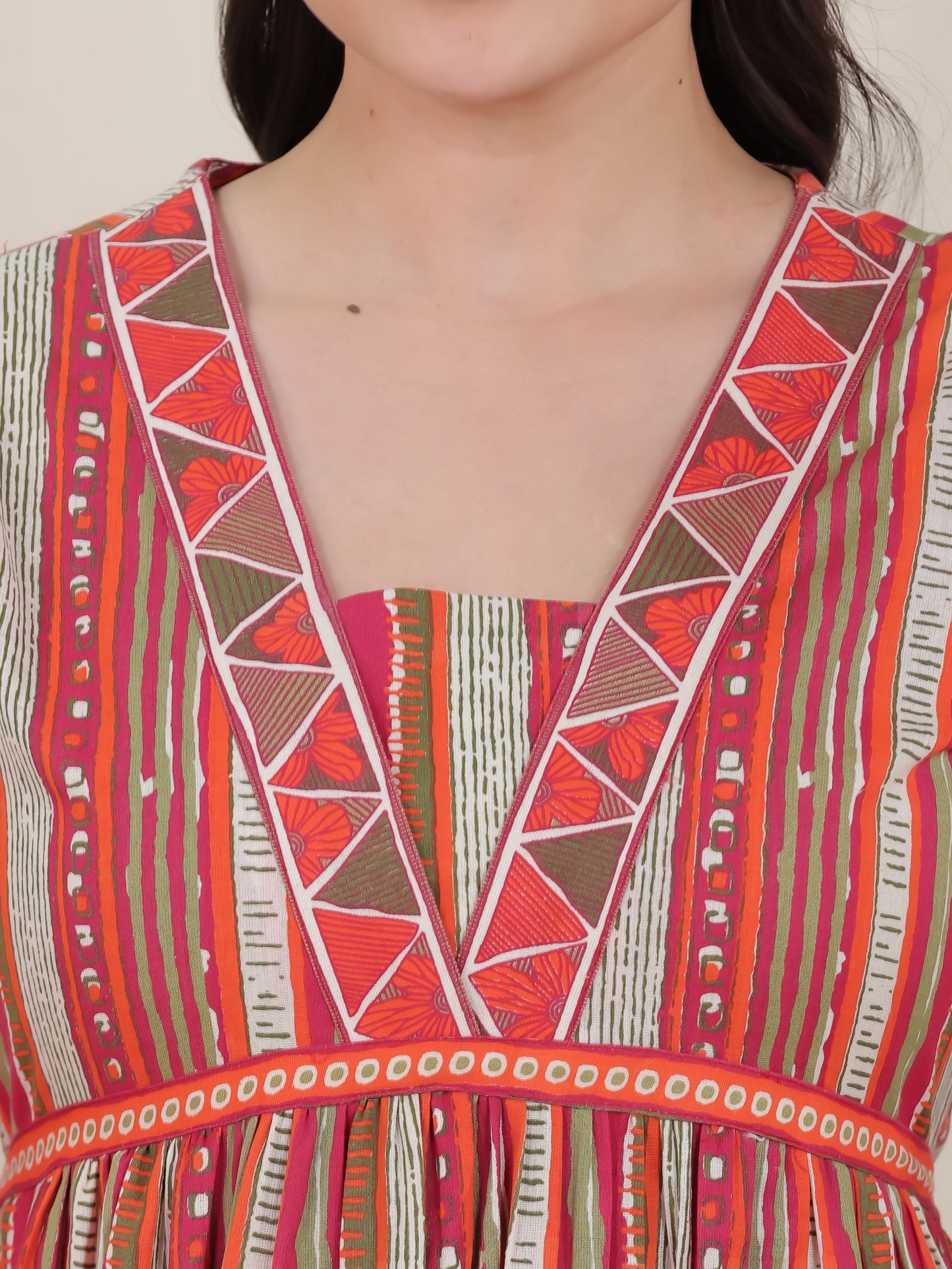 Linen Cotton Striped Gathered Multicolor Dress