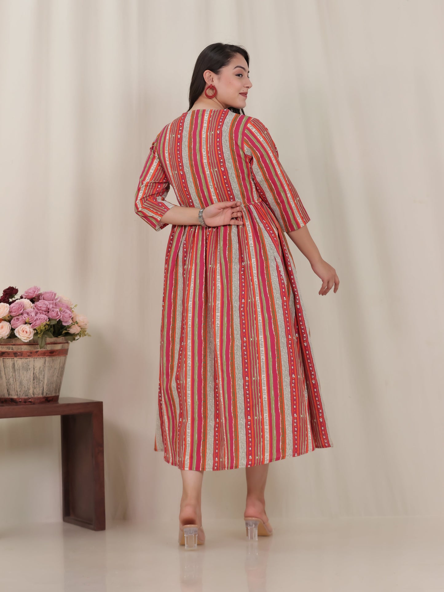 Linen Cotton Striped Gathered Multicolor Dress
