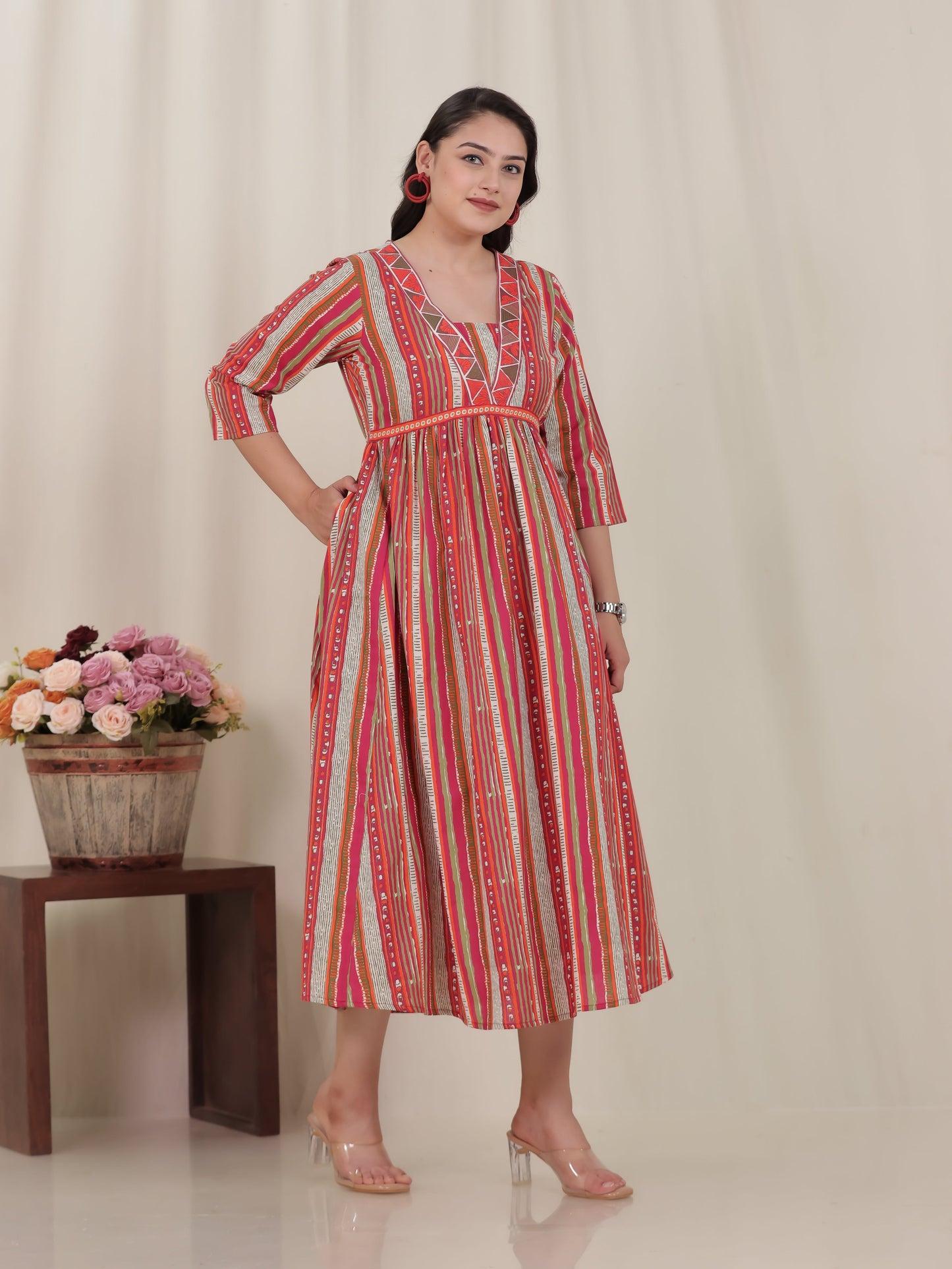 Linen Cotton Striped Gathered Multicolor Dress