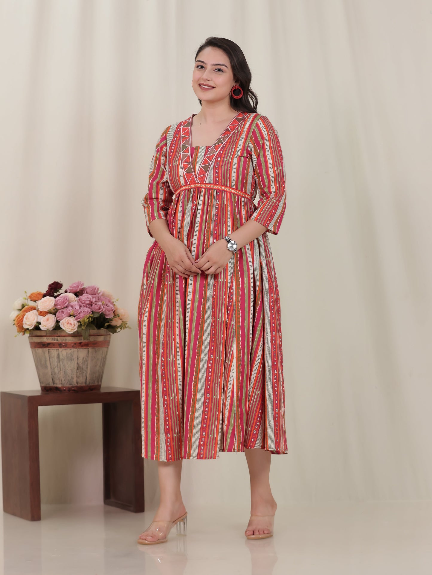 Linen Cotton Striped Gathered Multicolor Dress