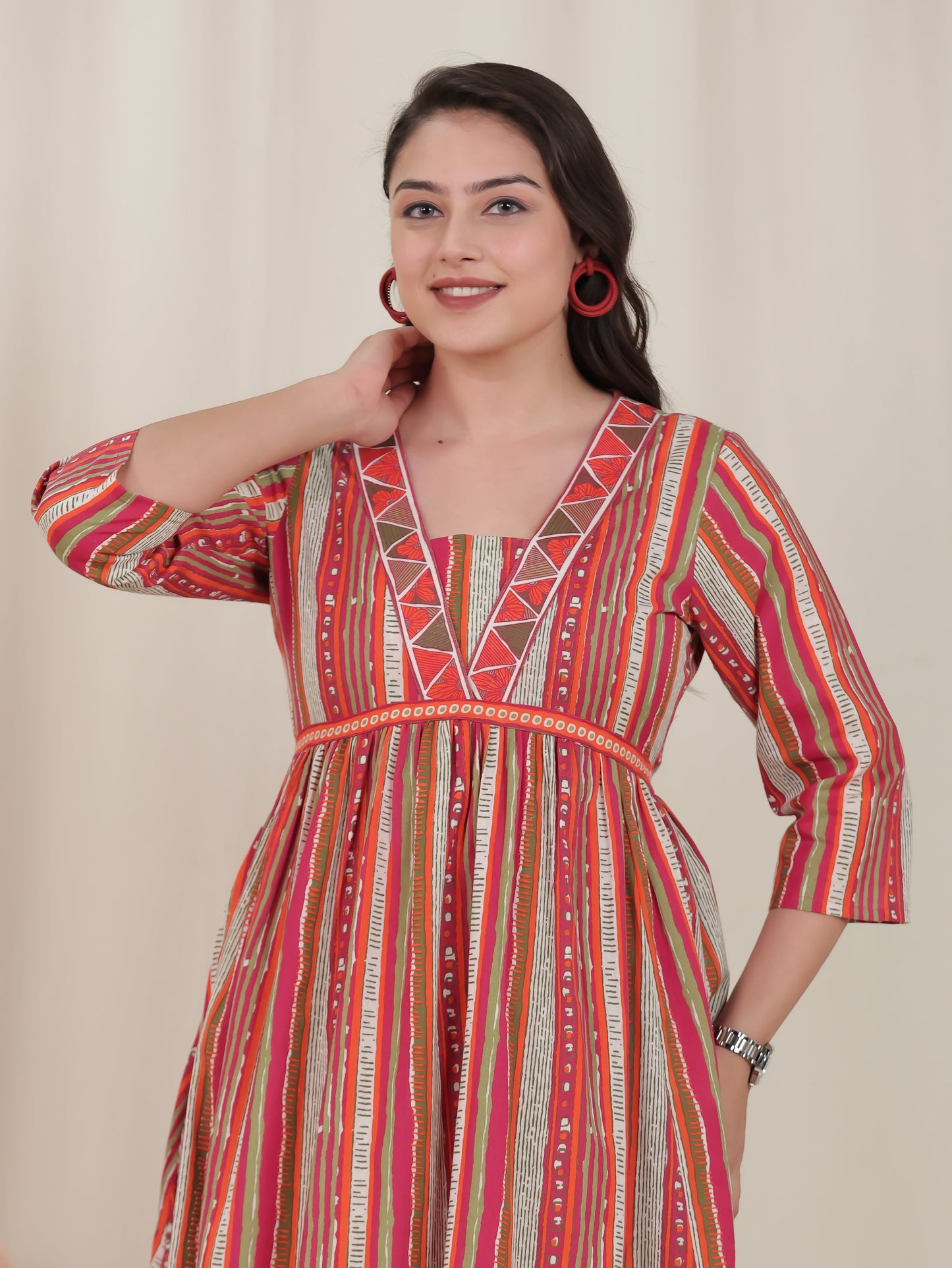 Linen Cotton Striped Gathered Multicolor Dress