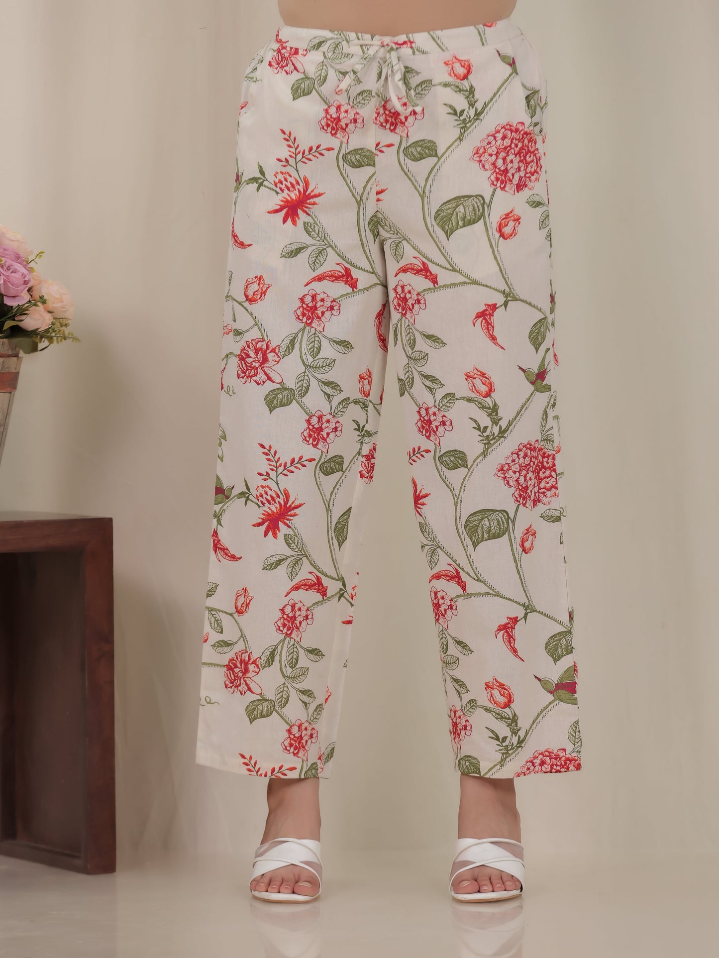 Linen Cotton Floral Off White Straight Trousers