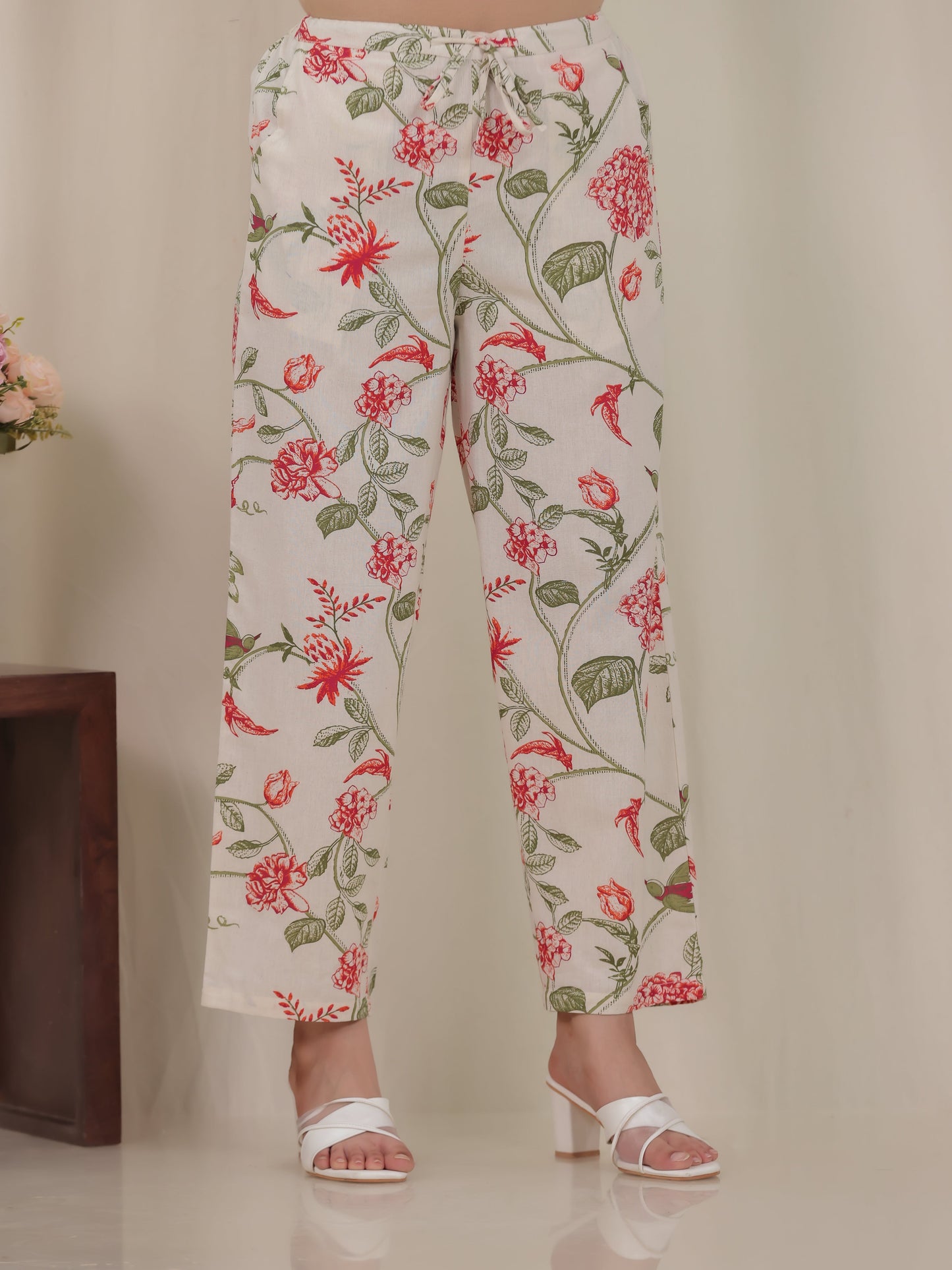 Linen Cotton Floral Off White Straight Trousers