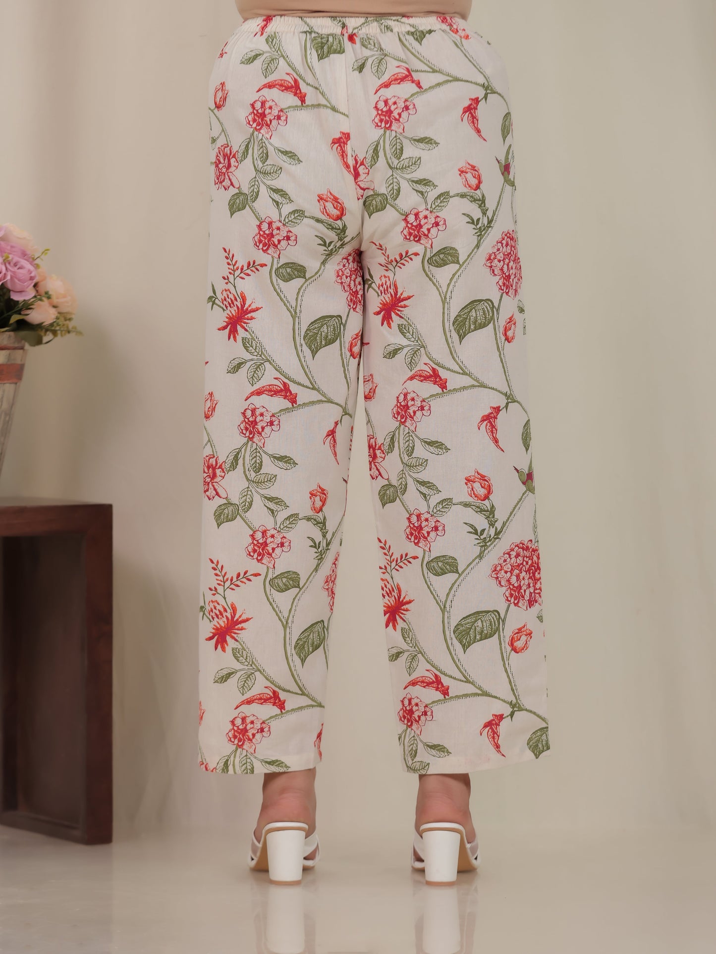 Linen Cotton Floral Off White Straight Trousers