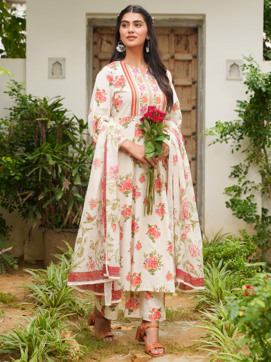 Cotton Voile Floral Off White Dupatta