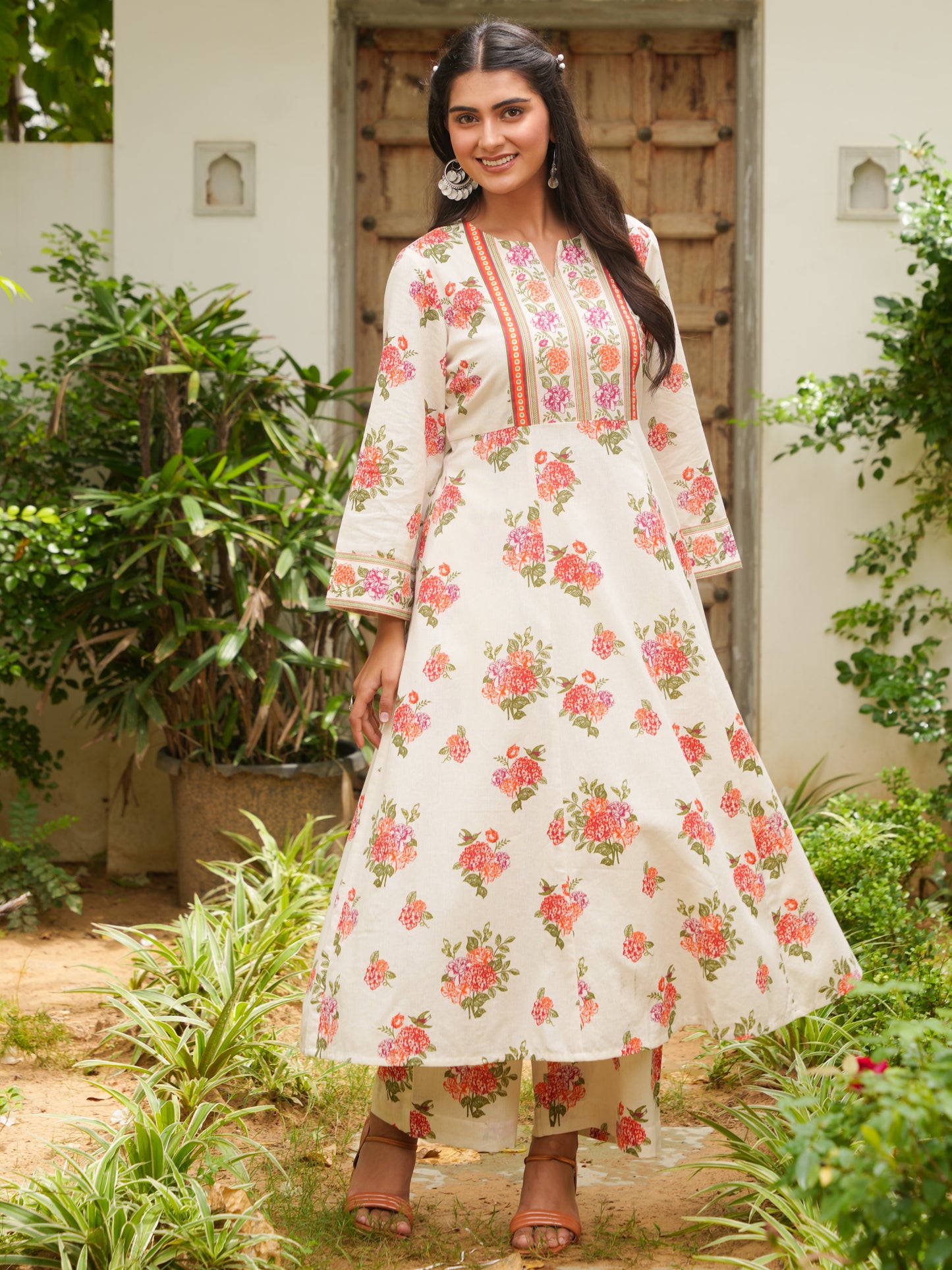 Linen Cotton Floral Anarkali Off White Kurta