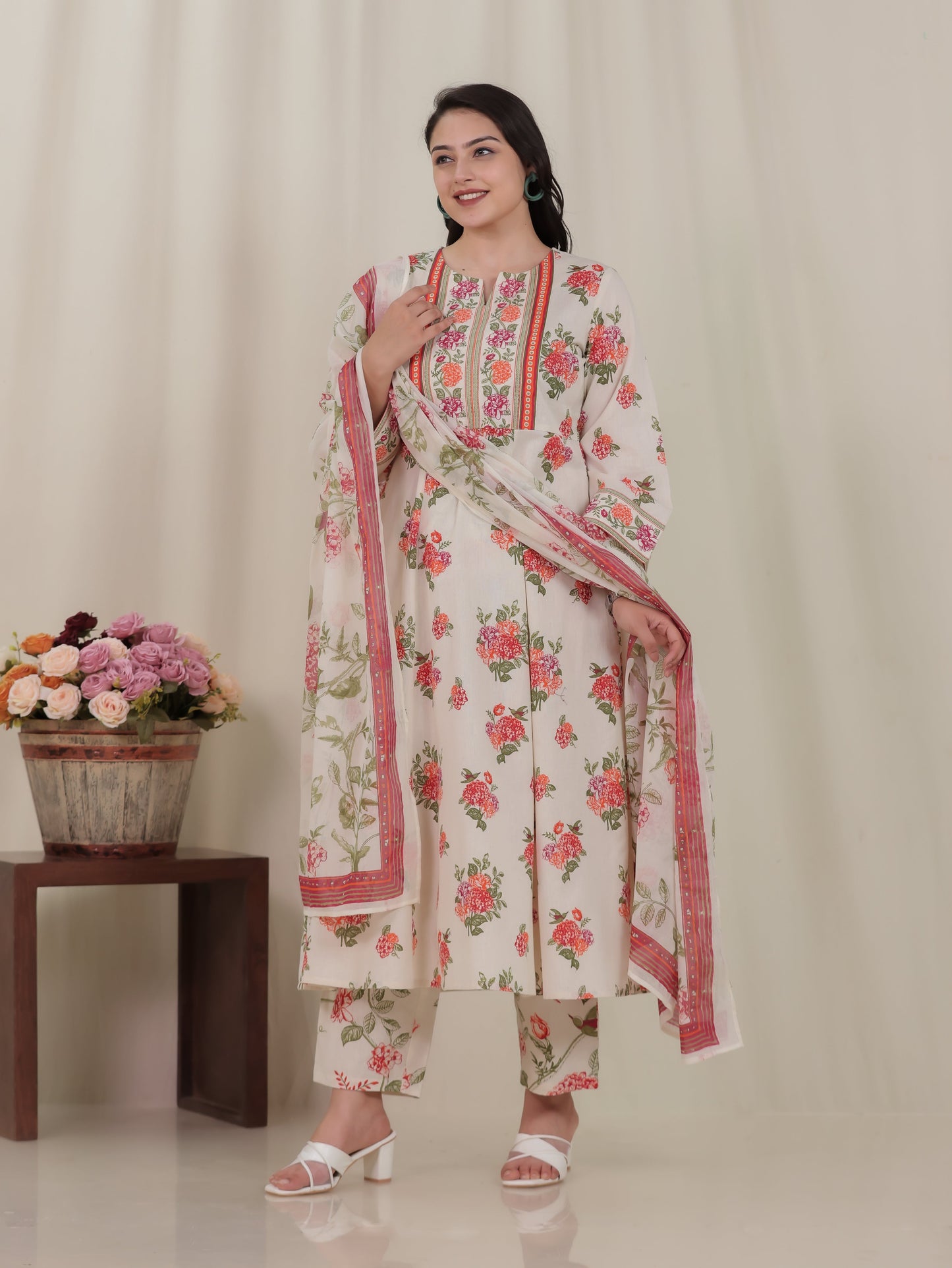 Linen Cotton Floral Anarkali Off White Kurta