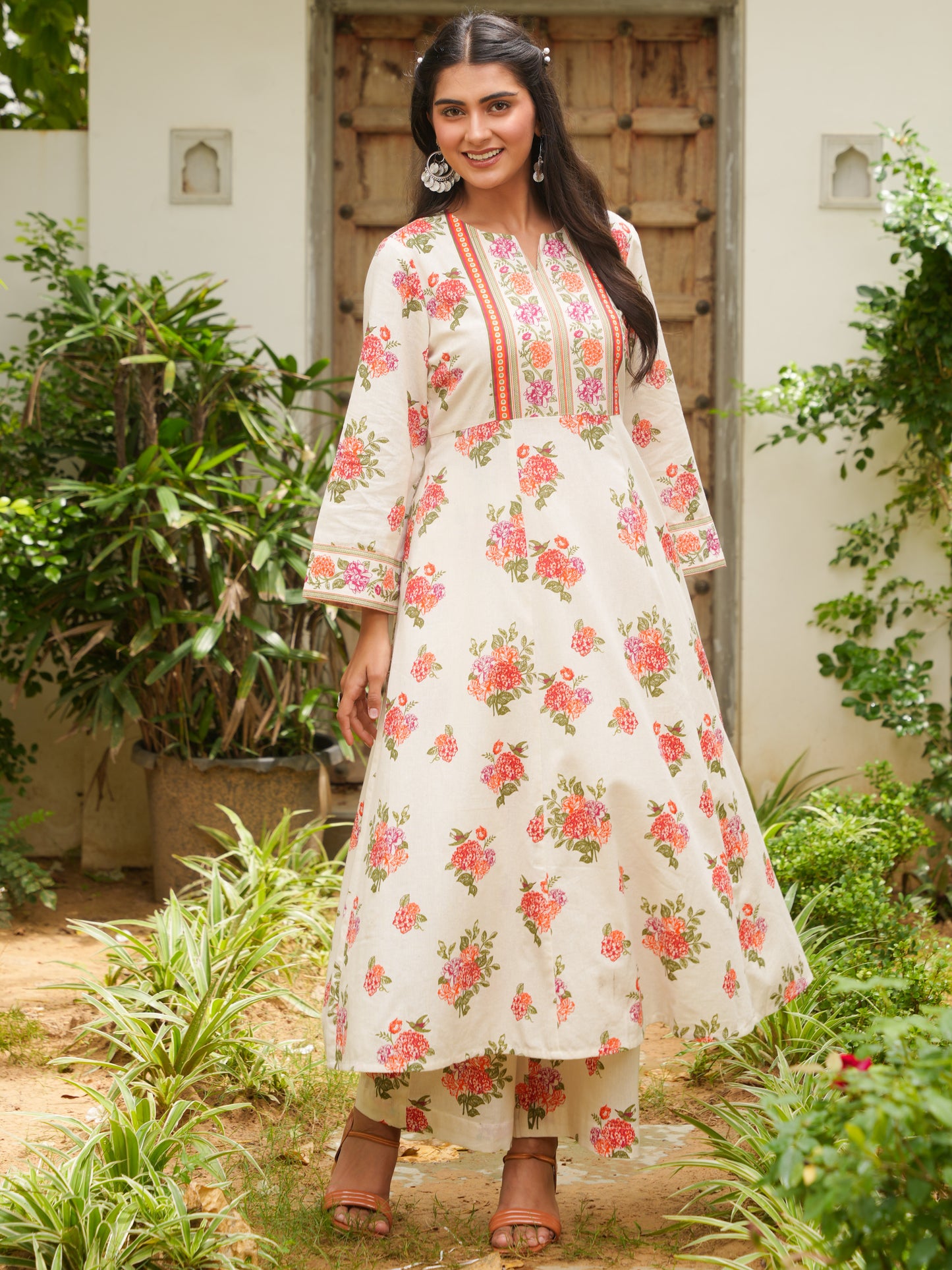 Linen Cotton Floral Anarkali Off White Kurta