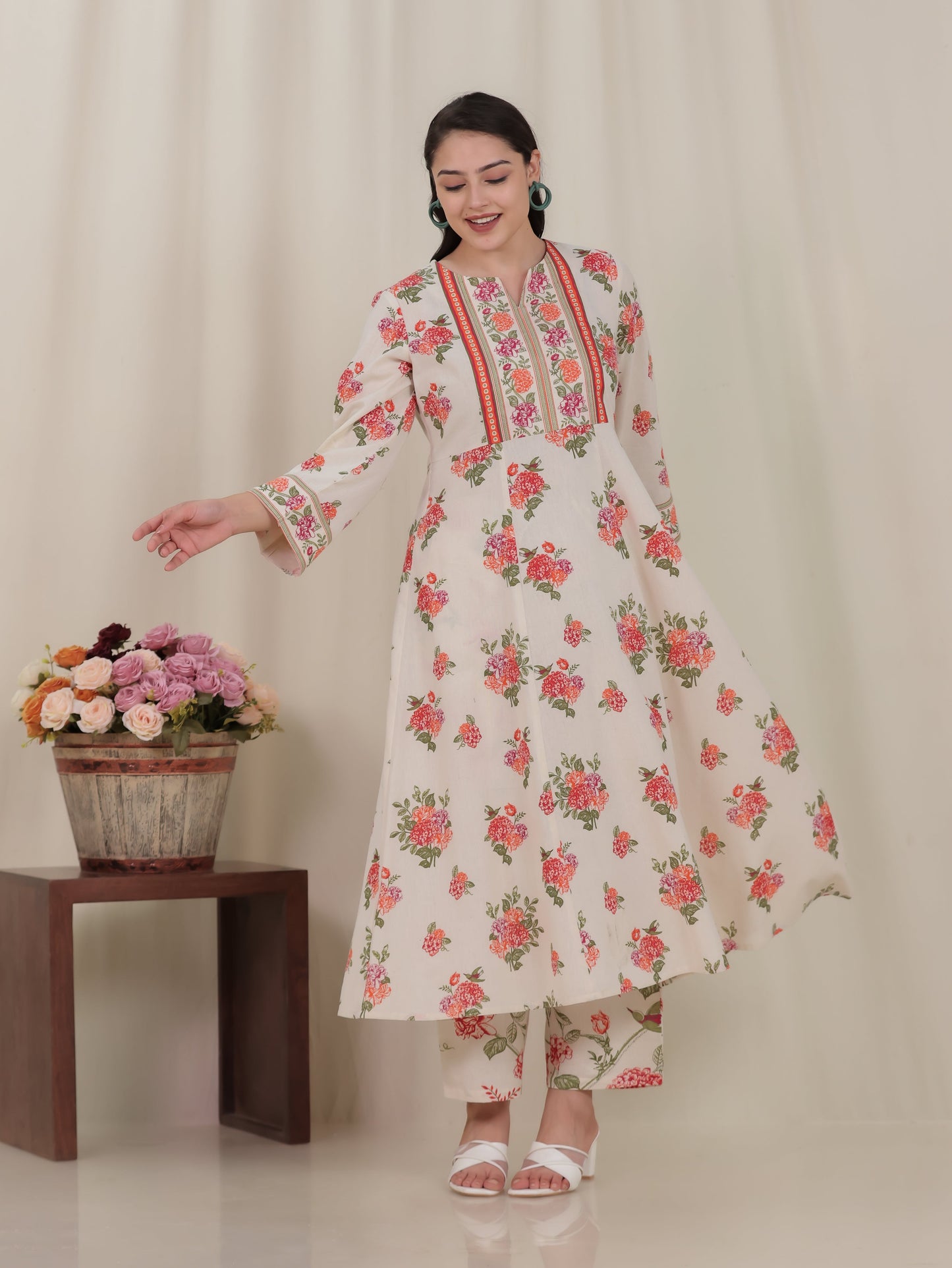 Linen Cotton Floral Anarkali Off White Kurta
