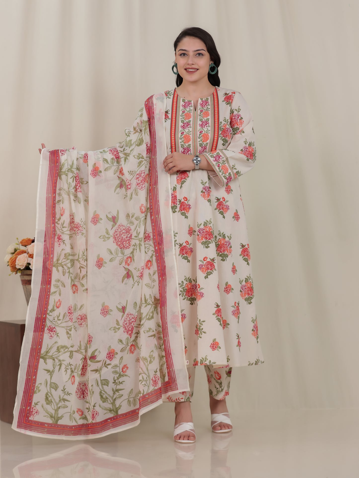 Linen Cotton Floral Anarkali Off White Kurta
