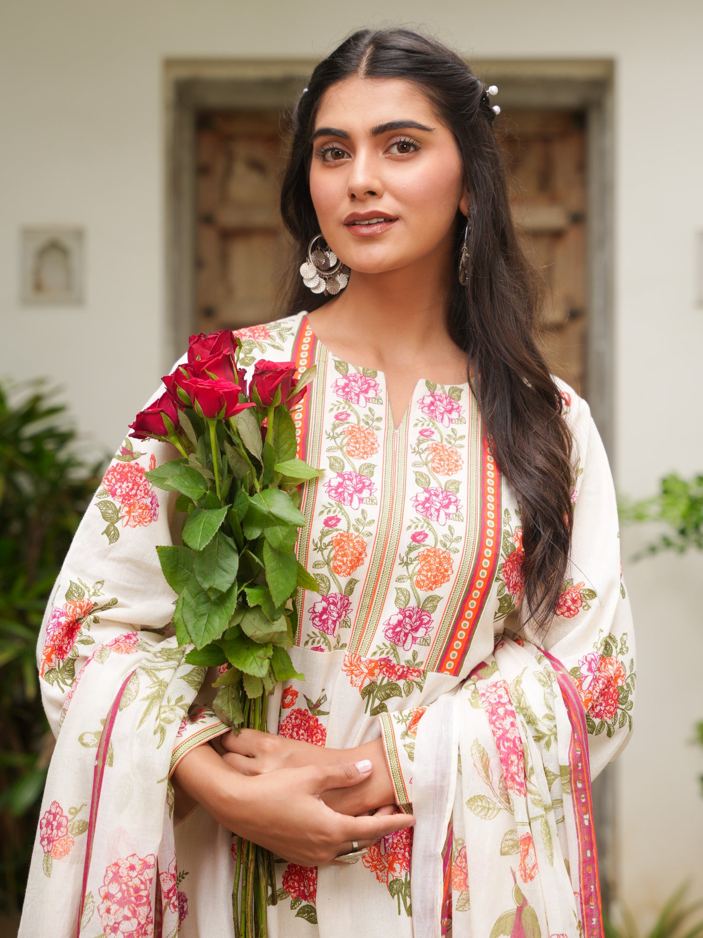 Linen Cotton Floral Anarkali Off White Kurta