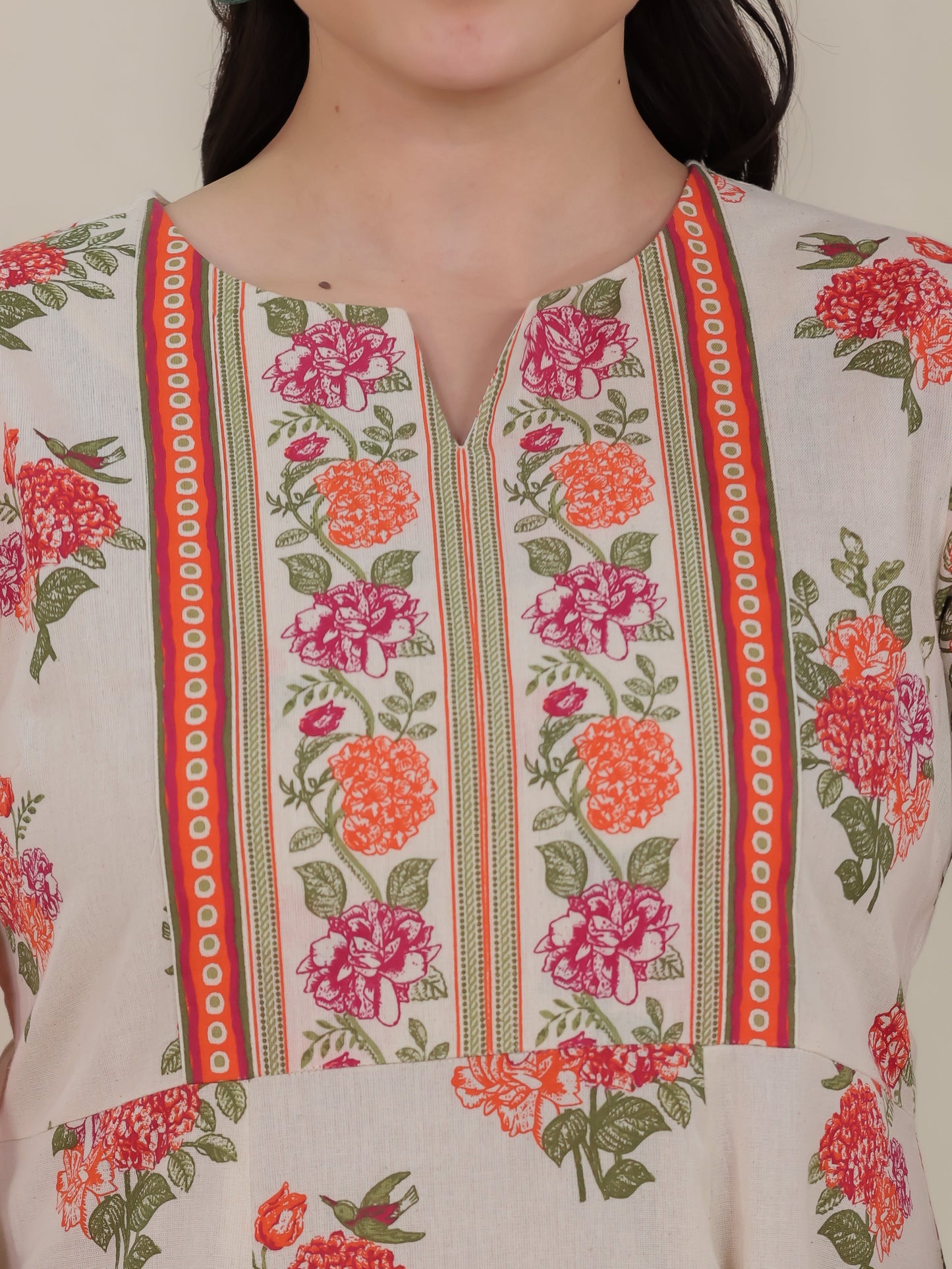 Linen Cotton Floral Anarkali Off White Kurta