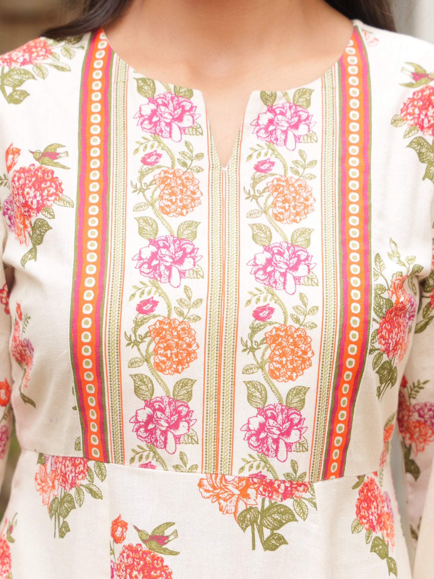 Linen Cotton Floral Anarkali Off White Kurta