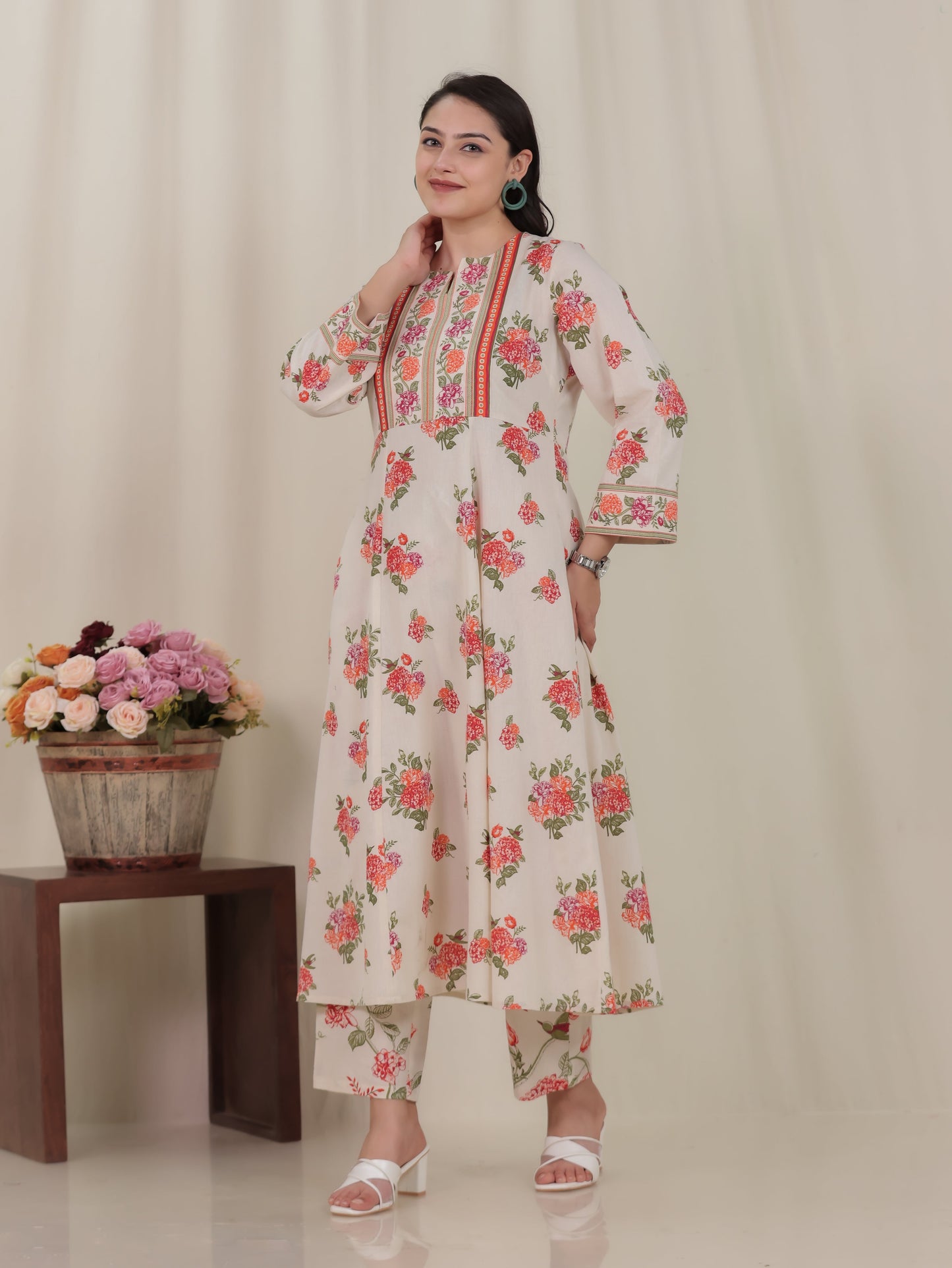 Linen Cotton Floral Anarkali Off White Kurta