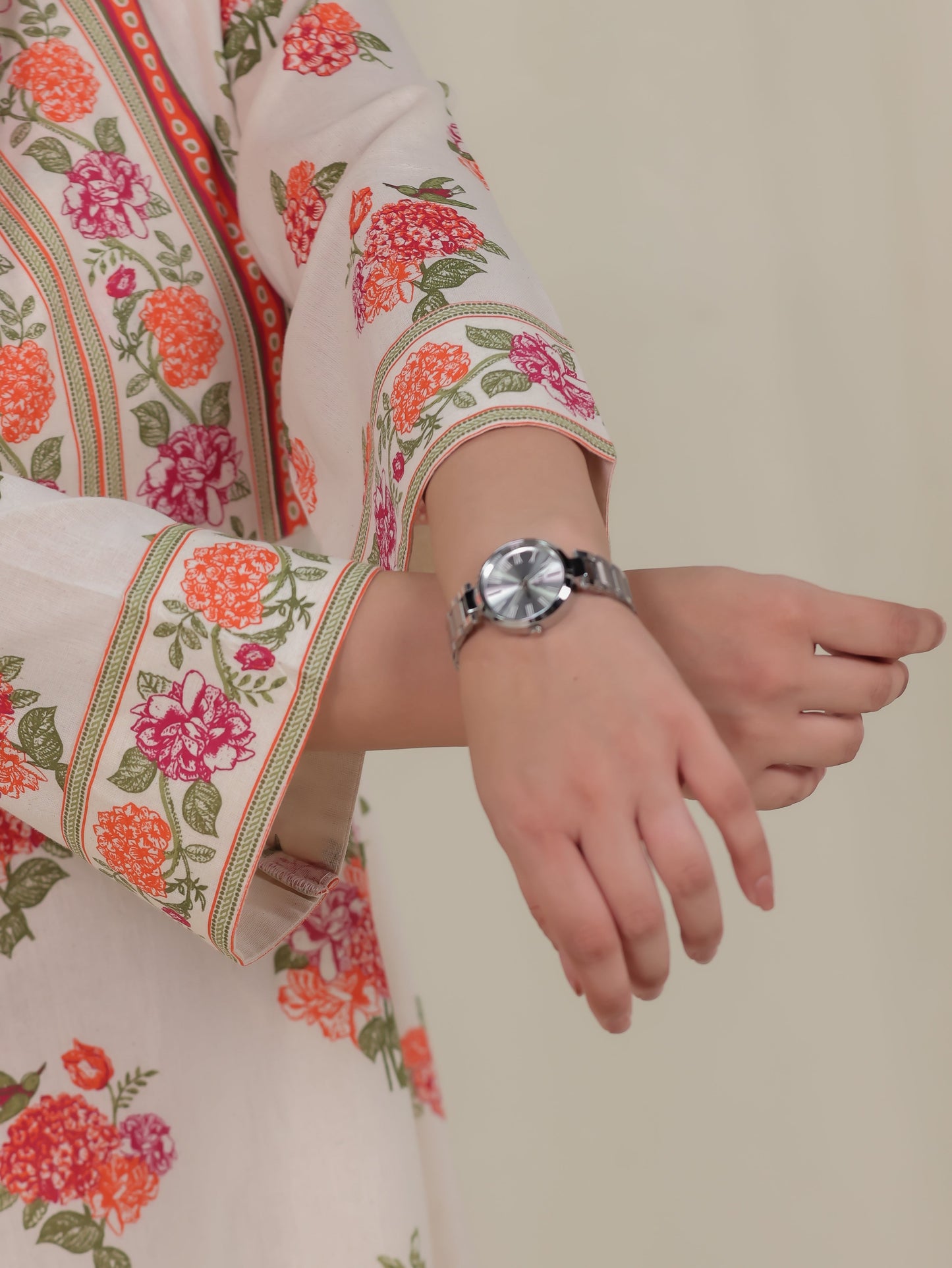 Linen Cotton Floral Anarkali Off White Kurta