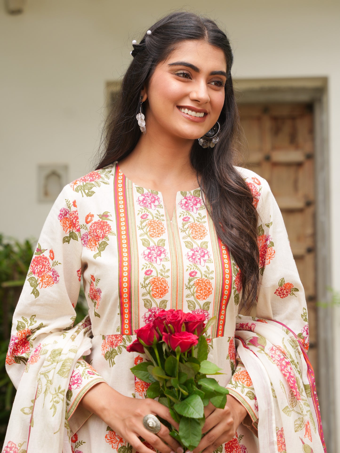 Linen Cotton Floral Anarkali Off White Kurta
