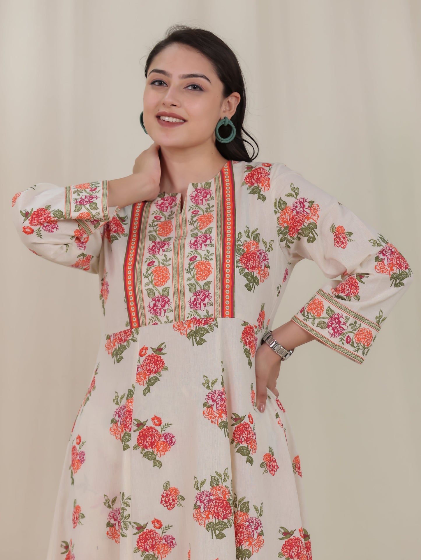 Linen Cotton Floral Anarkali Off White Kurta