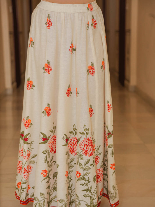 Linen Cotton Floral Off White Skirt