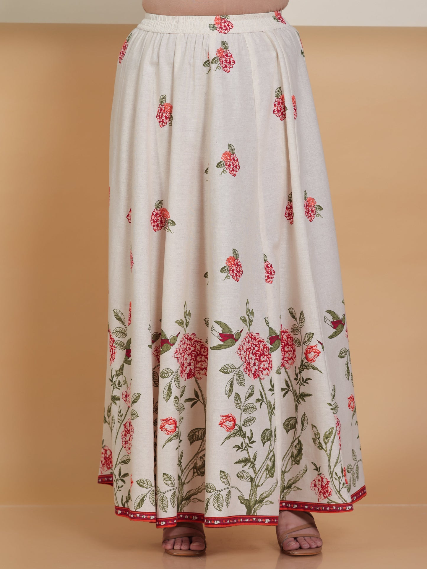 Linen Cotton Floral Off White Skirt