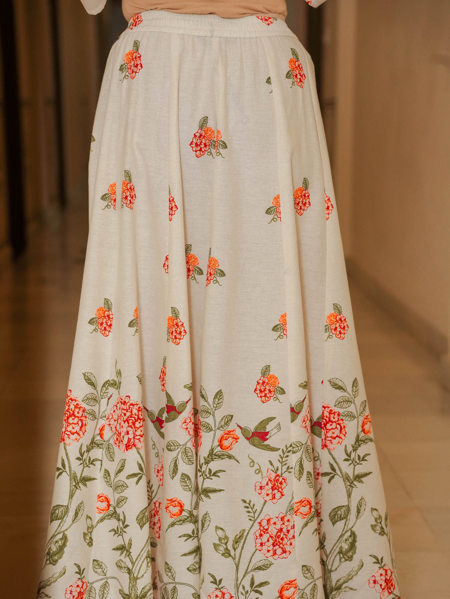 Linen Cotton Floral Off White Skirt
