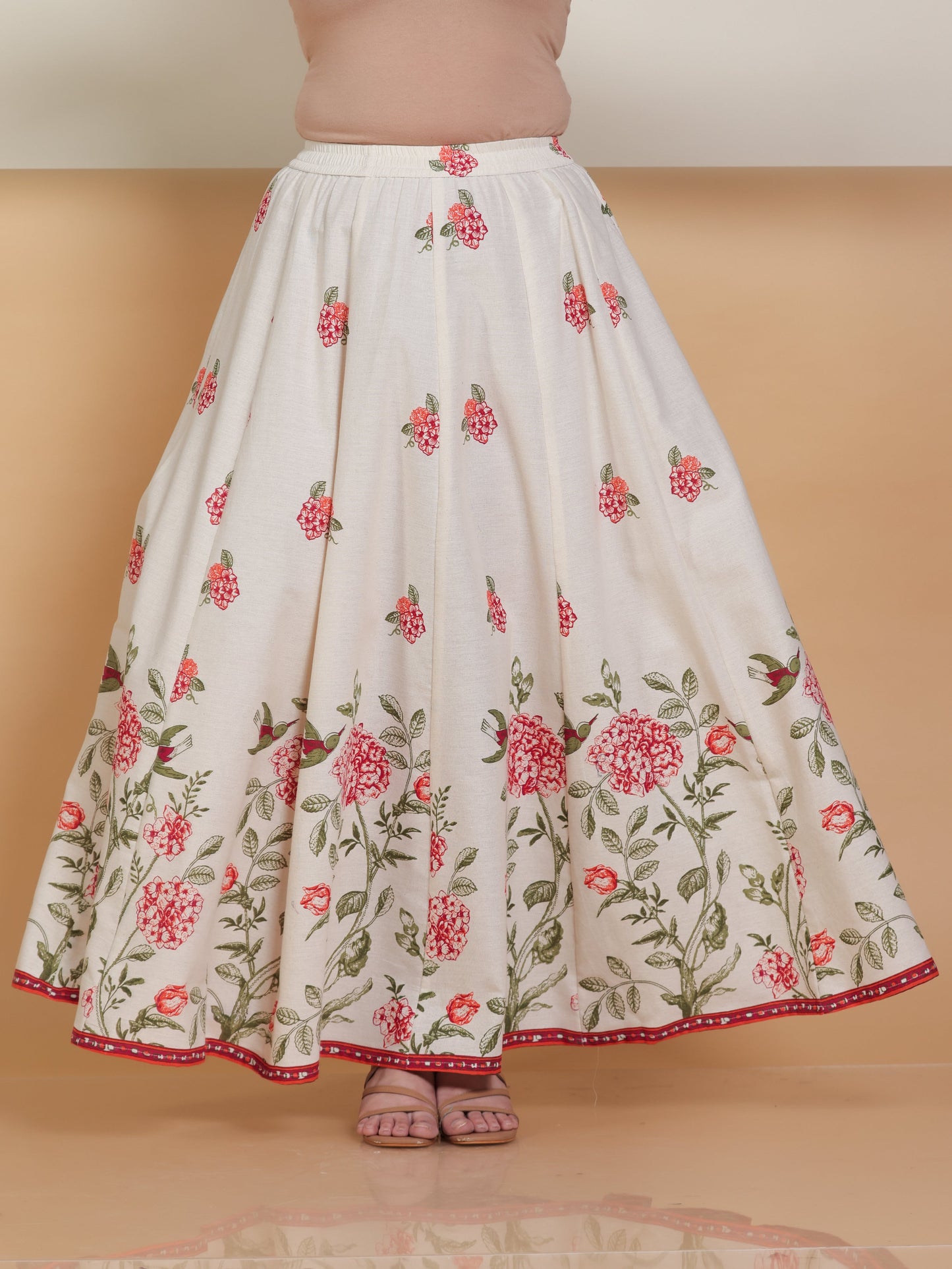 Linen Cotton Floral Off White Skirt