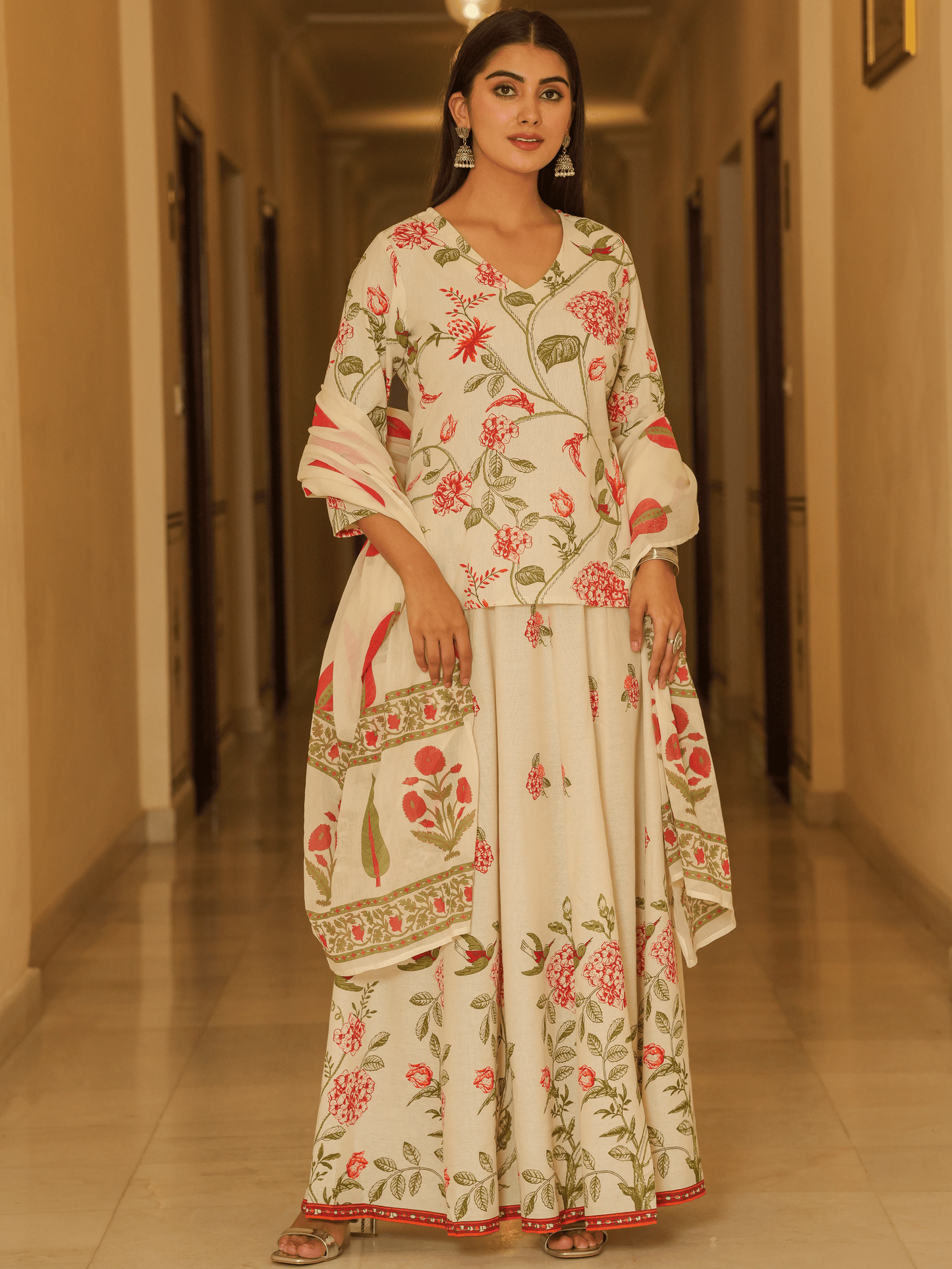 Linen Cotton Floral Straight Off White Kurta