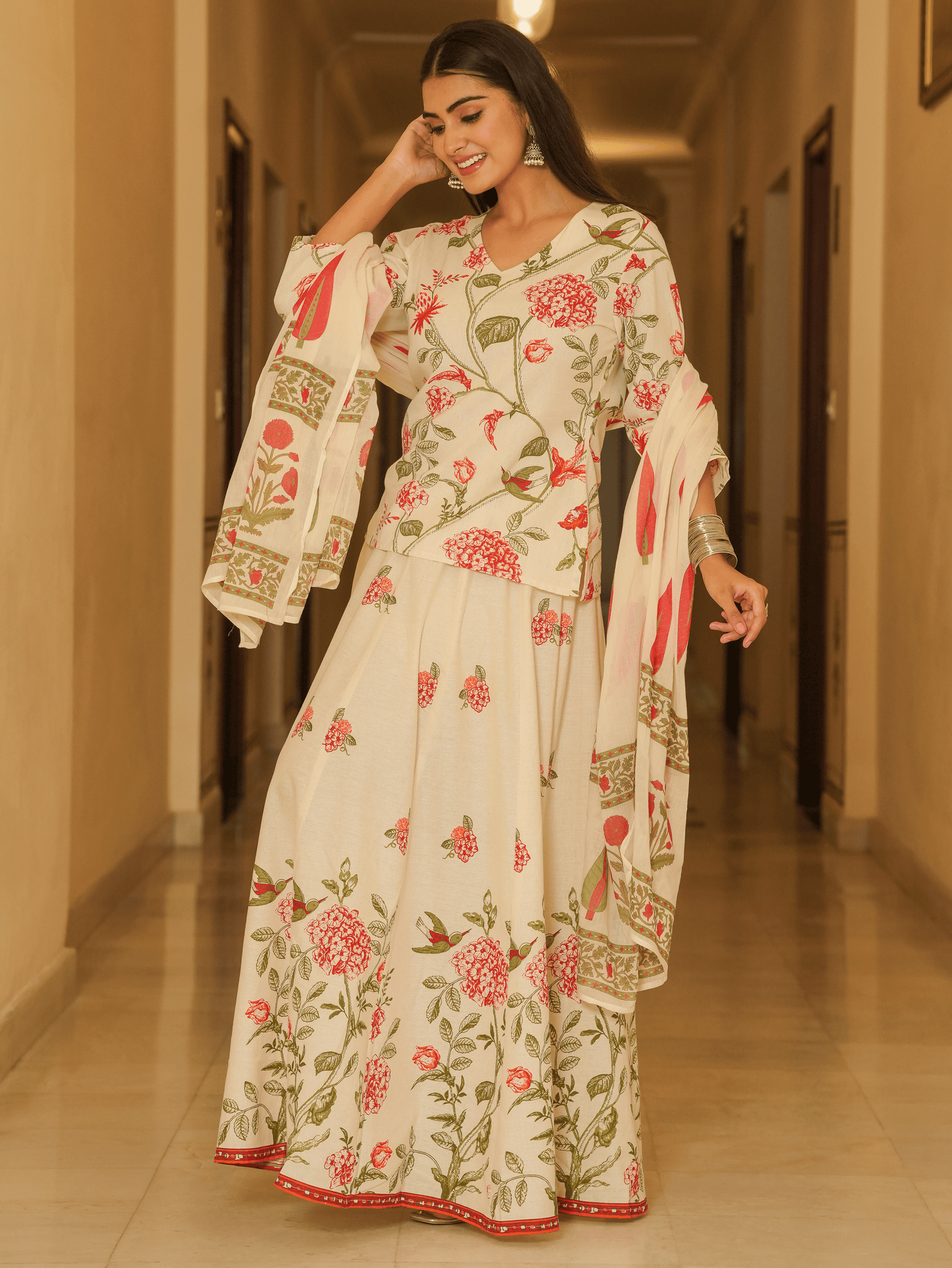 Linen Cotton Floral Straight Off White Kurta