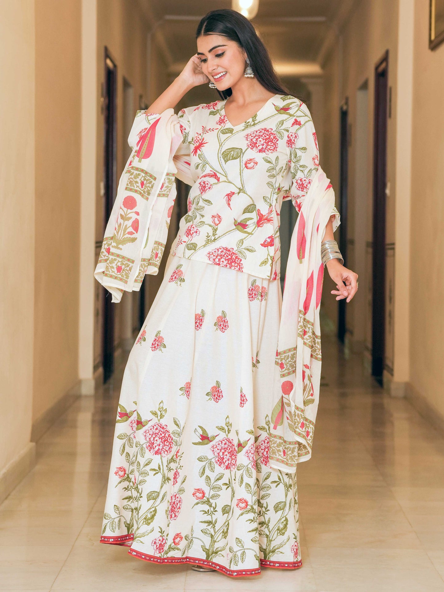 Linen Cotton Floral Straight Off White Kurta