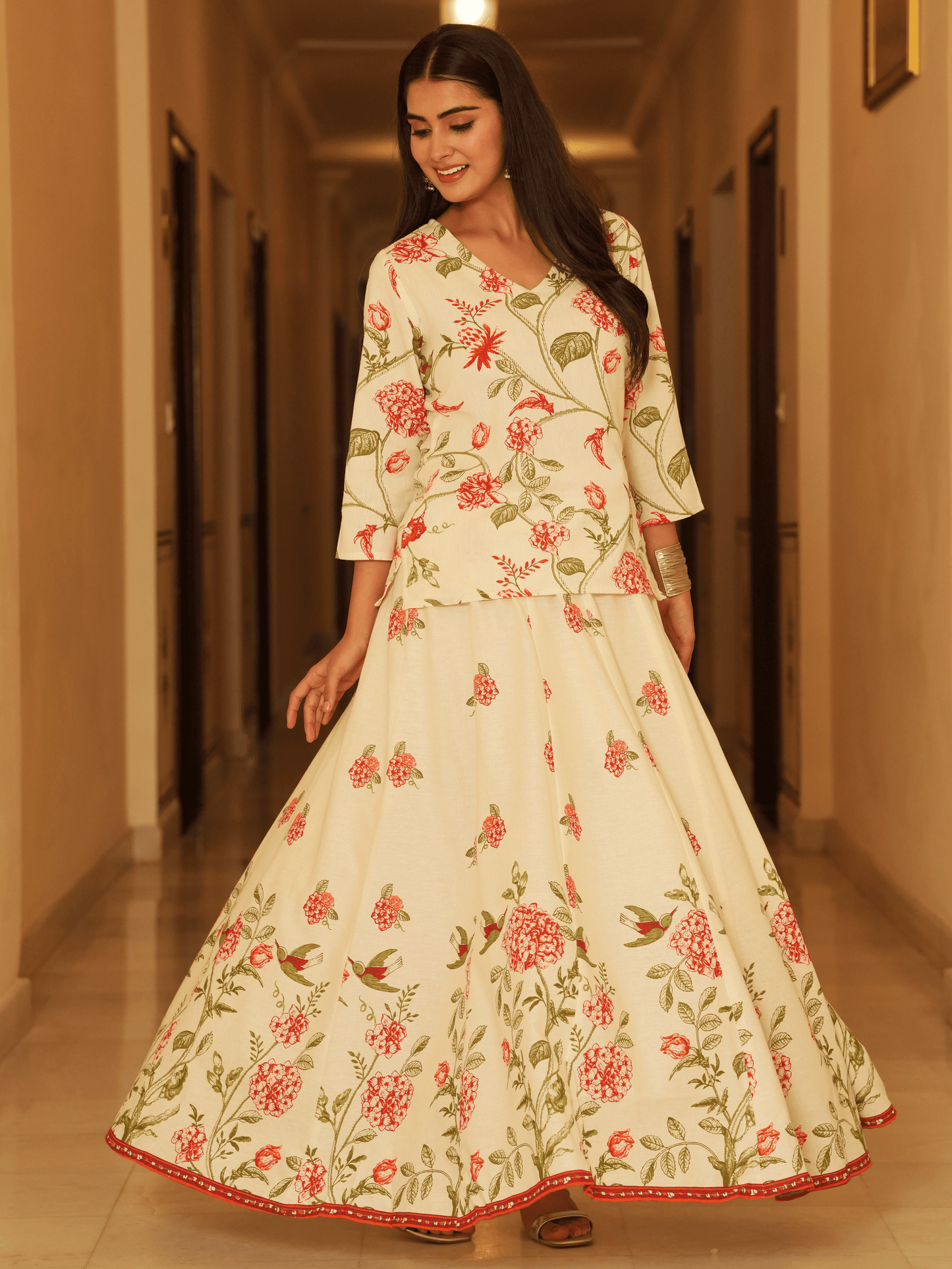 Linen Cotton Floral Straight Off White Kurta