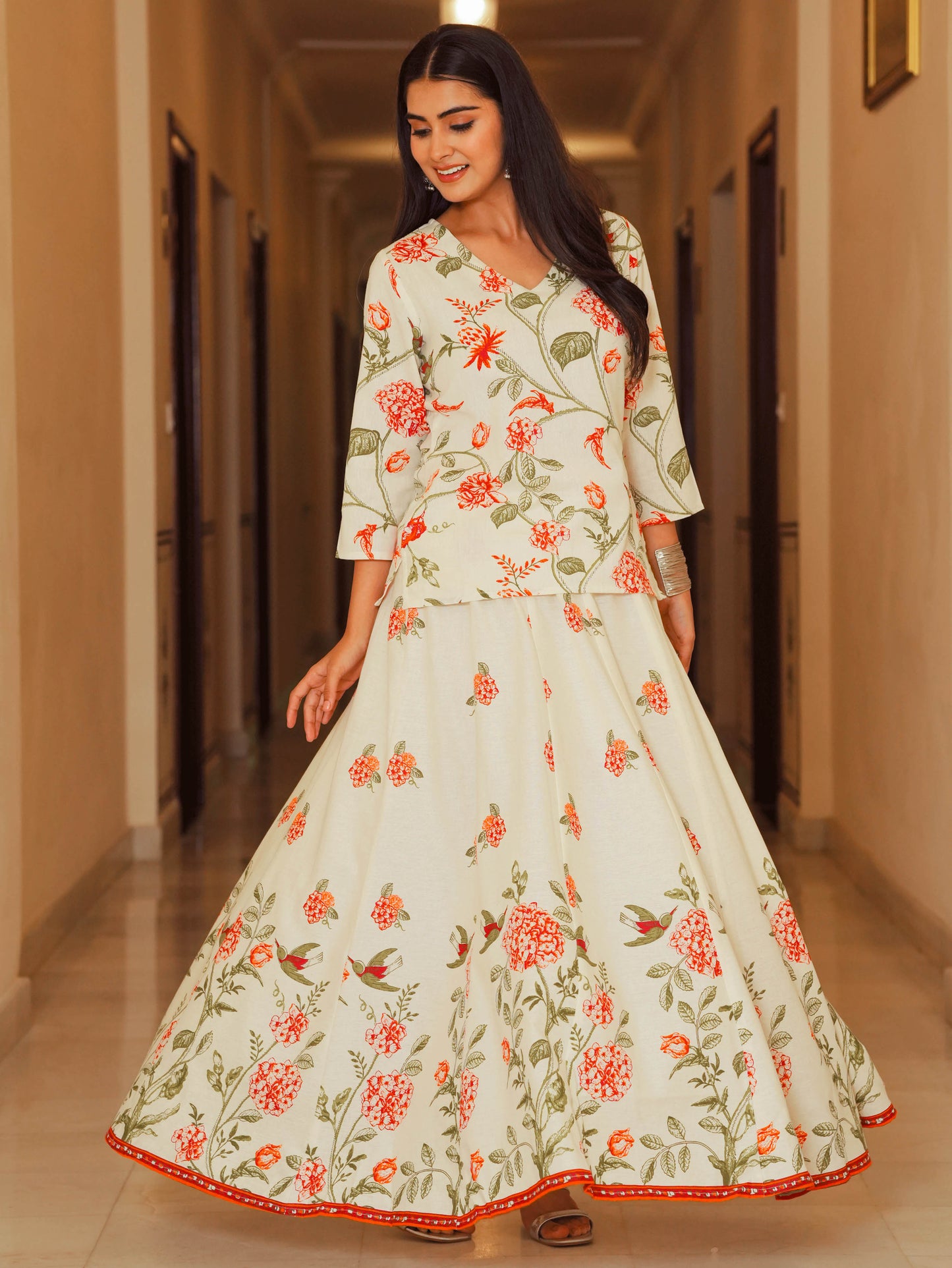 Linen Cotton Floral Straight Off White Kurta