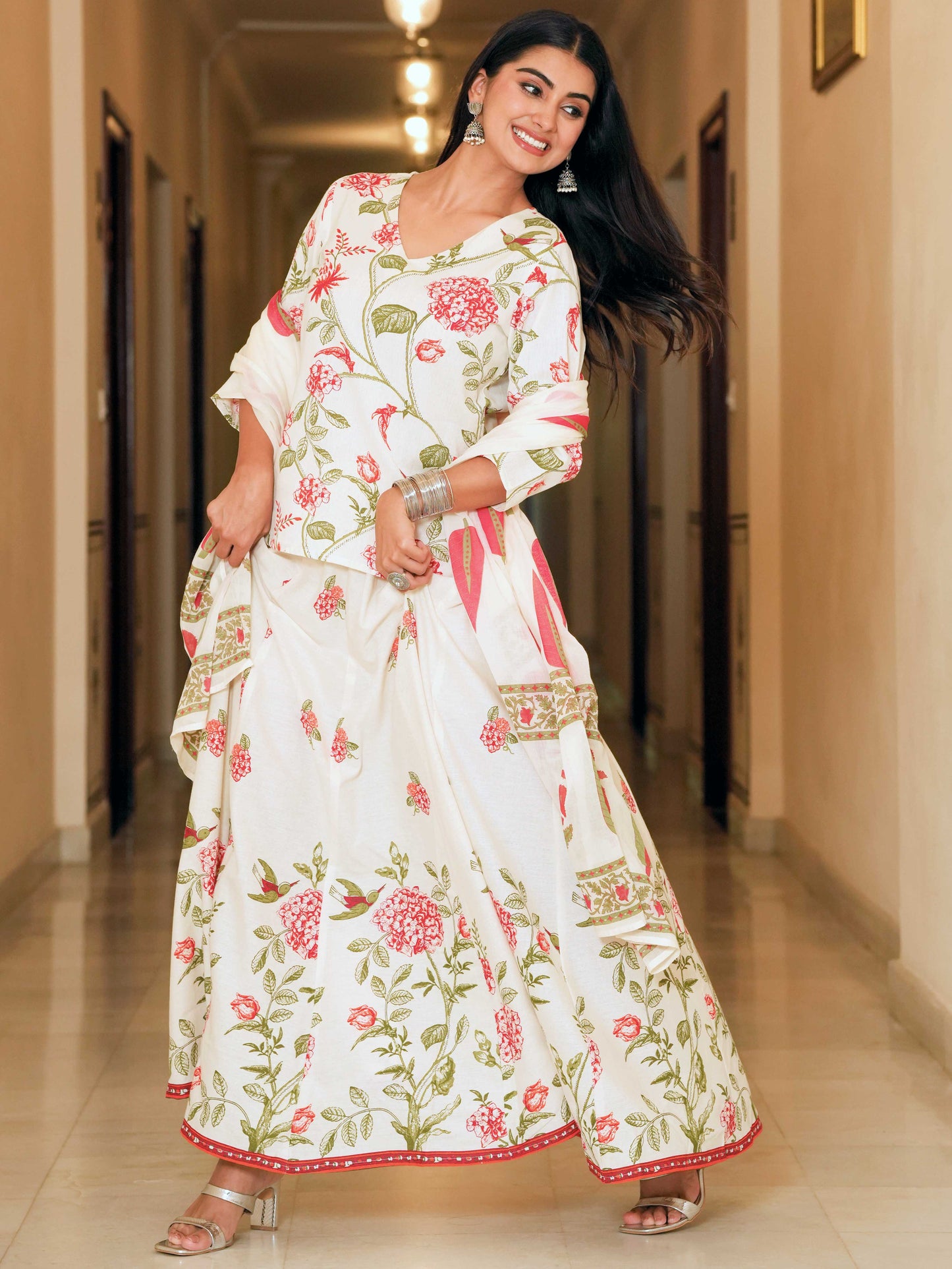 Linen Cotton Floral Straight Off White Kurta