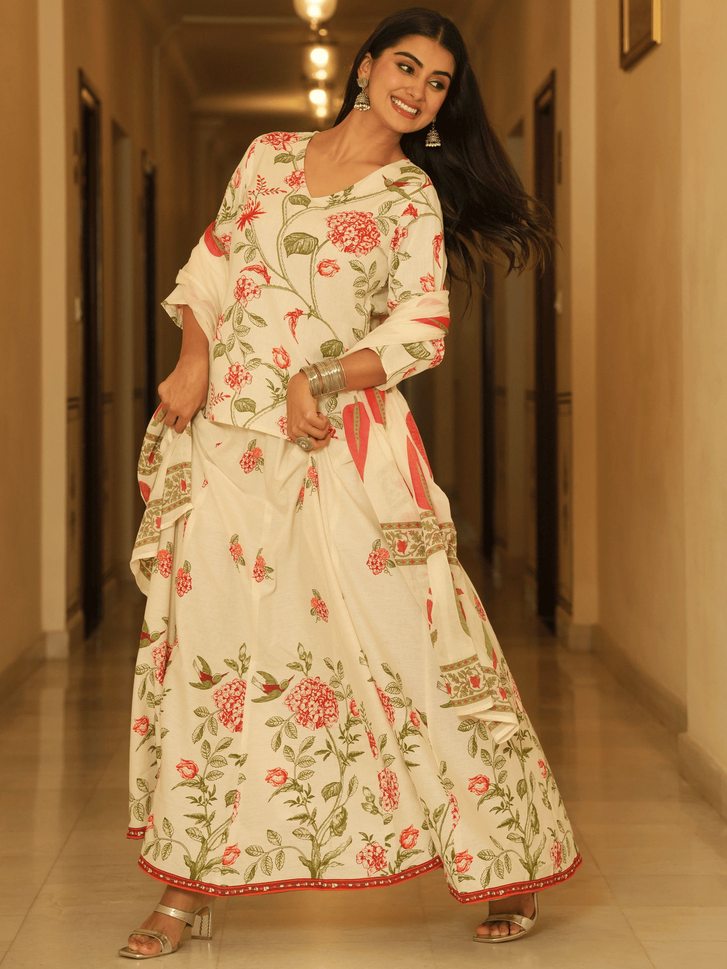 Linen Cotton Floral Straight Off White Kurta