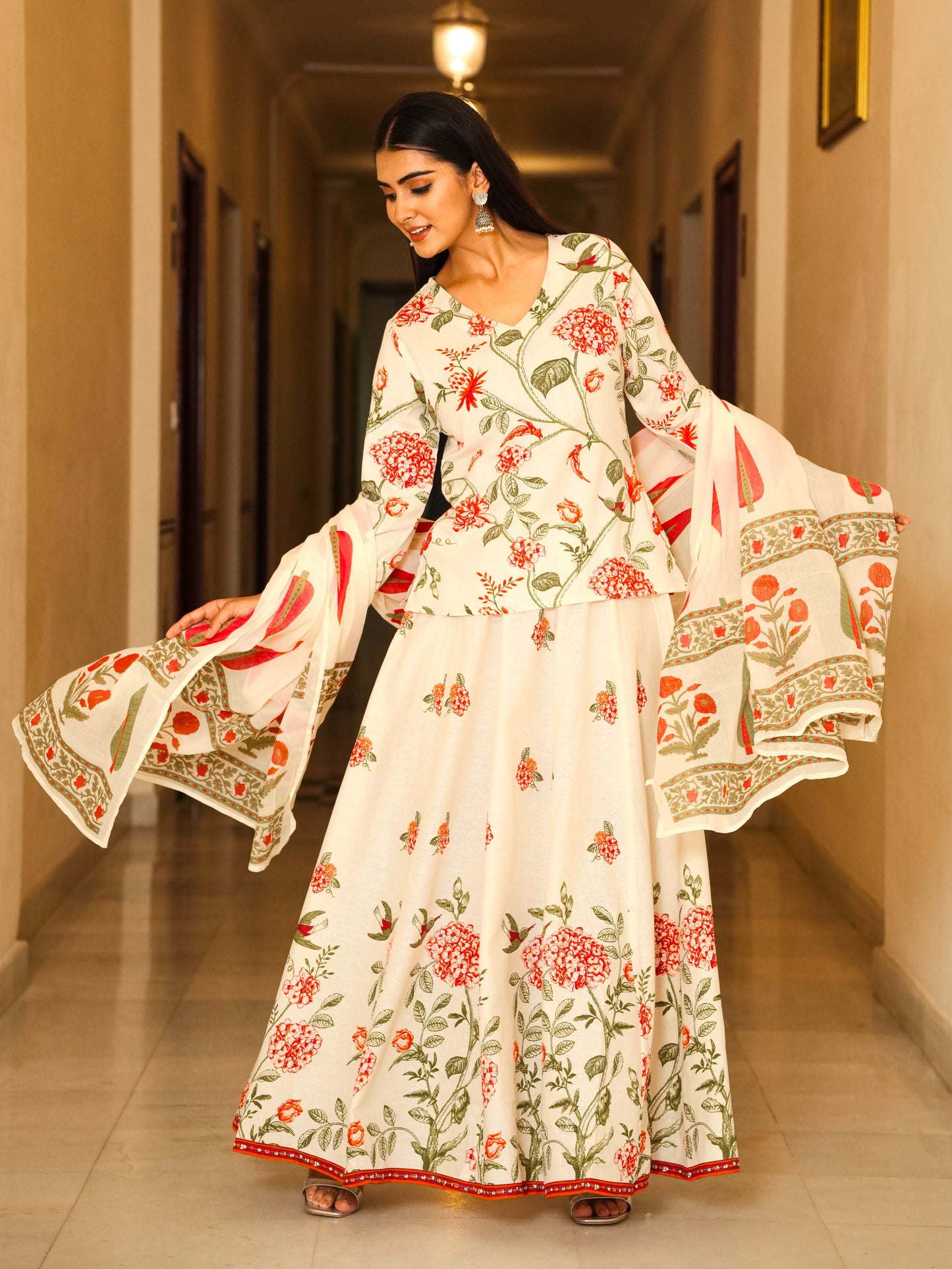 Linen Cotton Floral Straight Off White Kurta