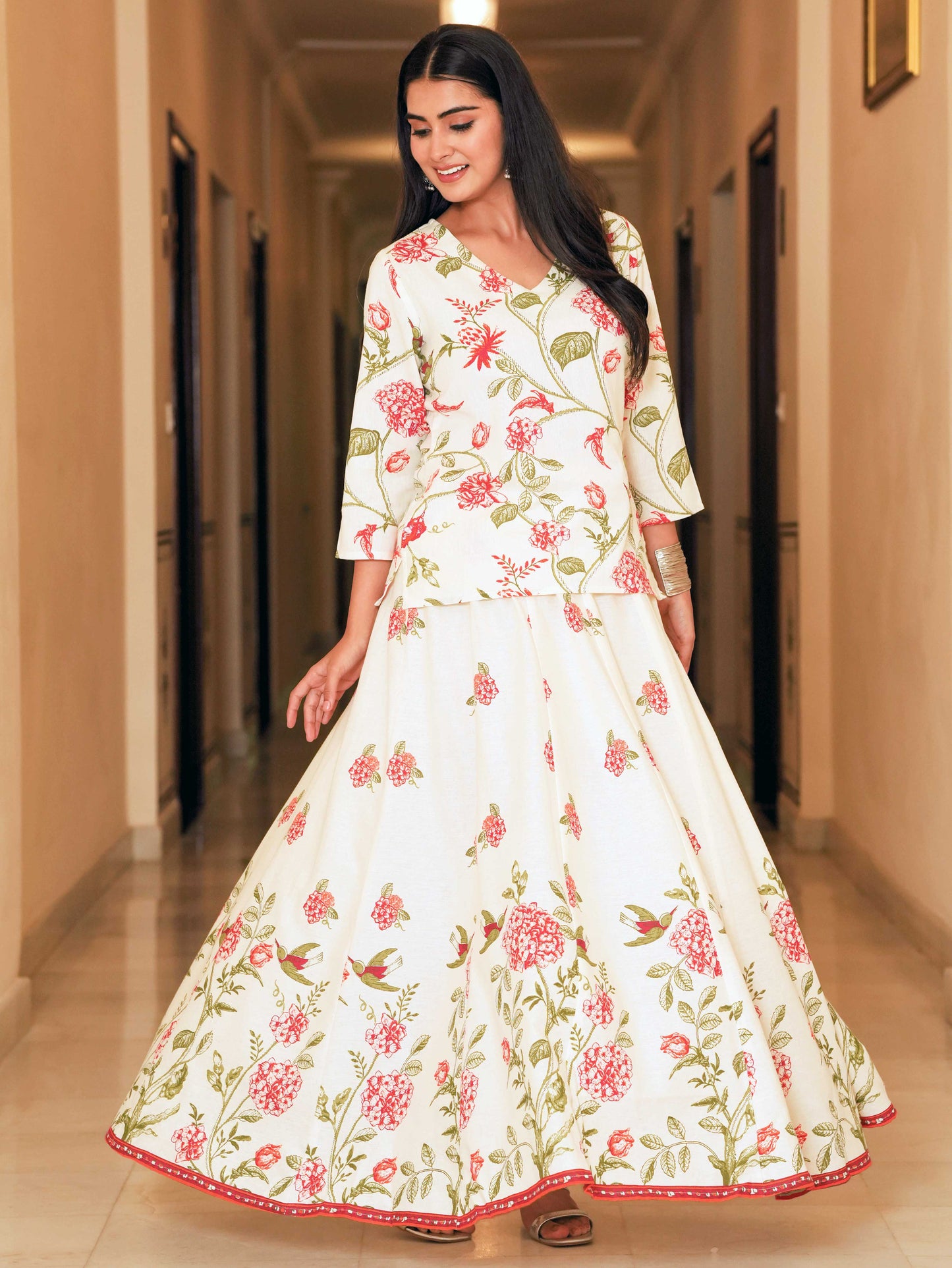 Linen Cotton Floral Straight Off White Kurta