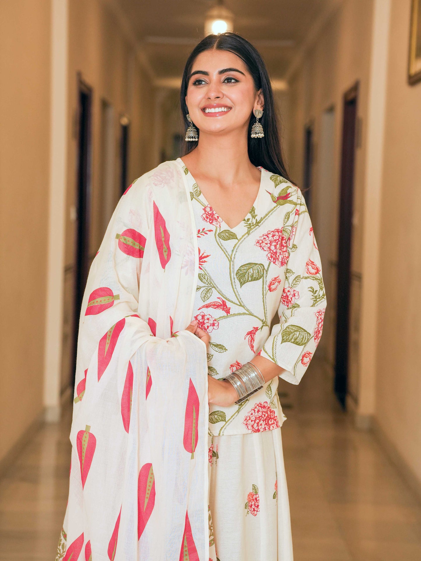 Linen Cotton Floral Straight Off White Kurta
