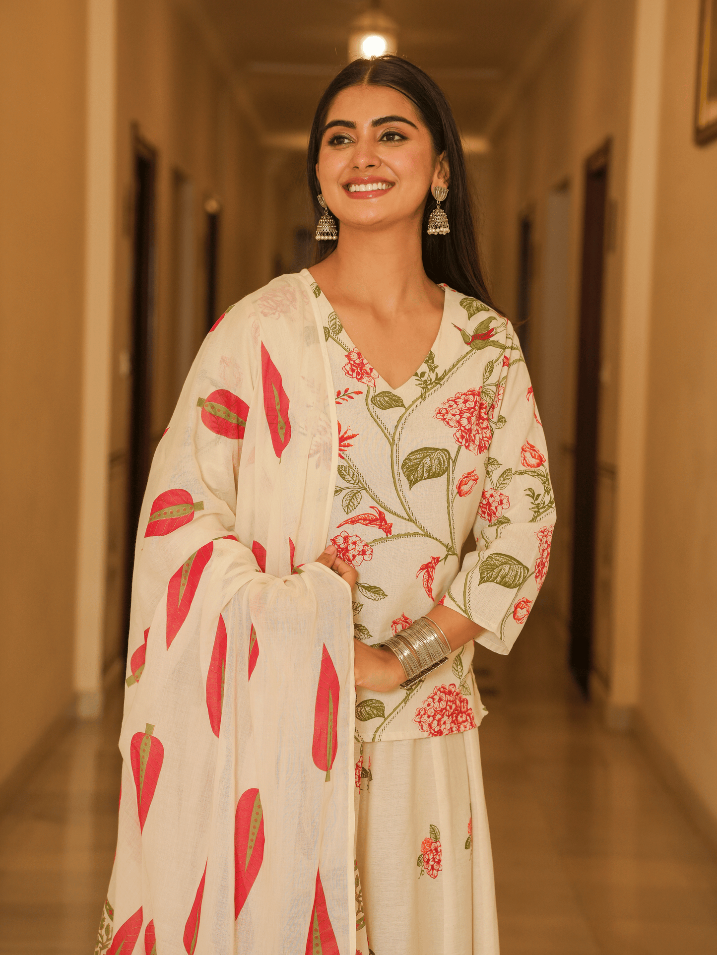 Linen Cotton Floral Straight Off White Kurta