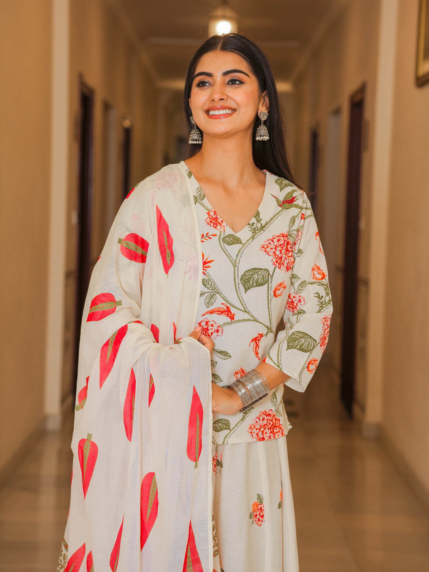 Linen Cotton Floral Straight Off White Kurta