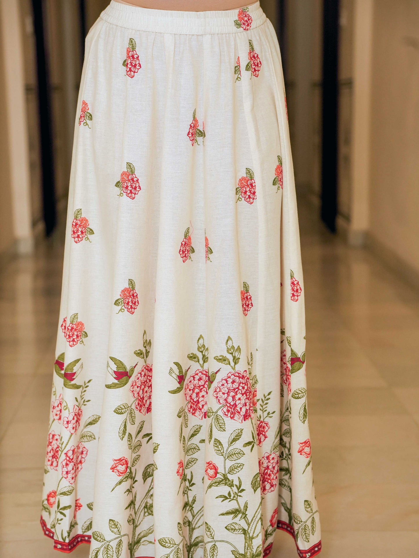 Linen Cotton Floral Straight Off White Kurta