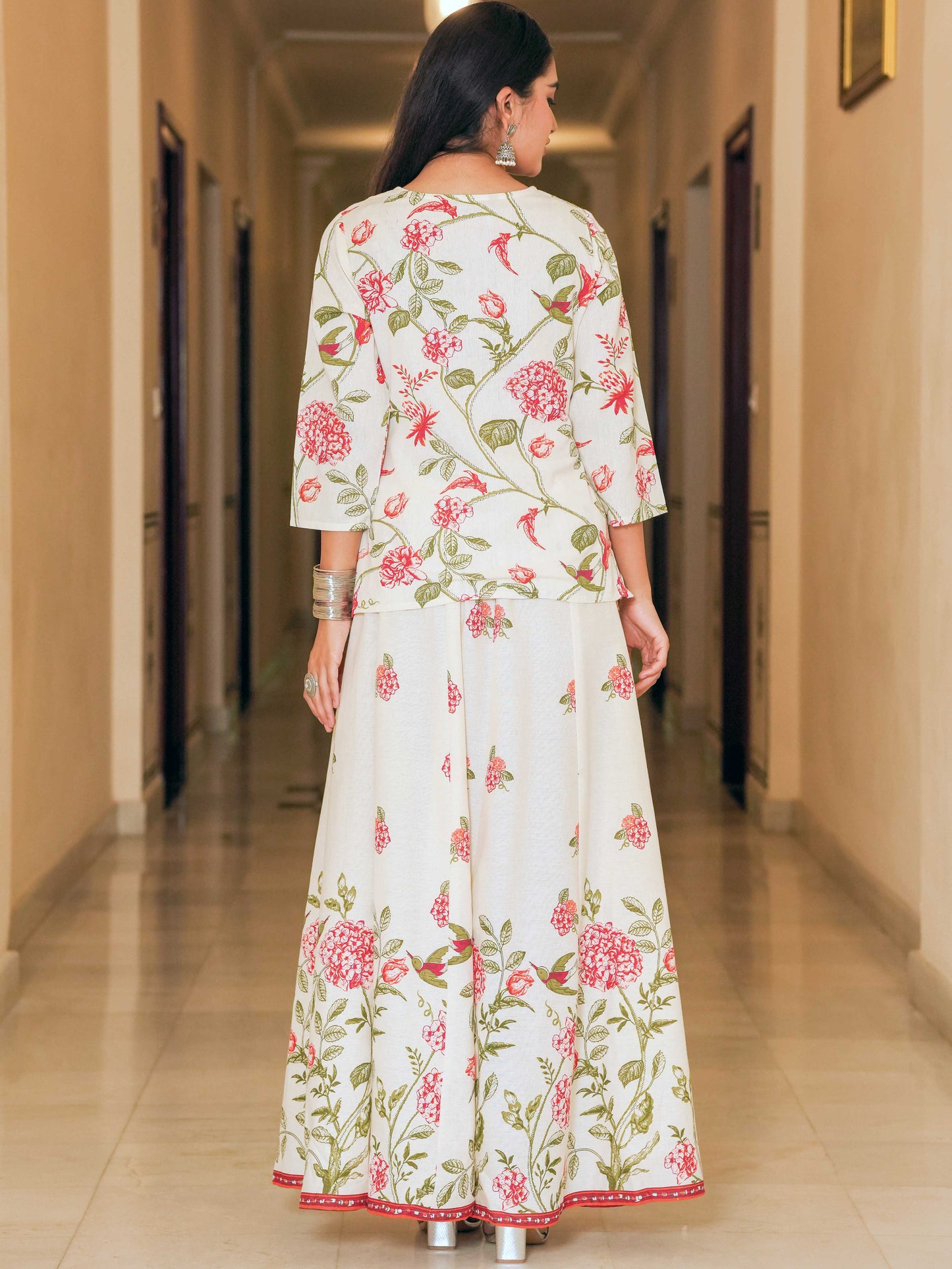 Linen Cotton Floral Straight Off White Kurta