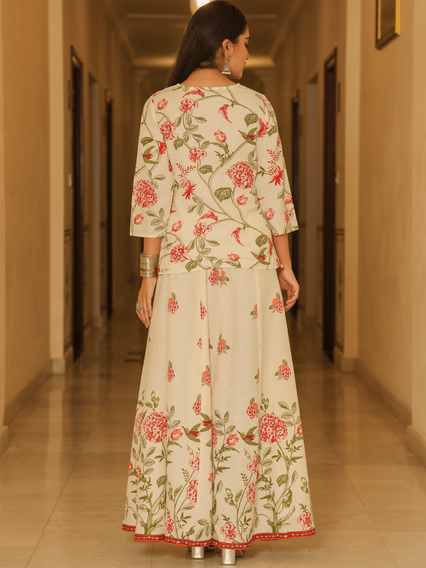 Linen Cotton Floral Straight Off White Kurta