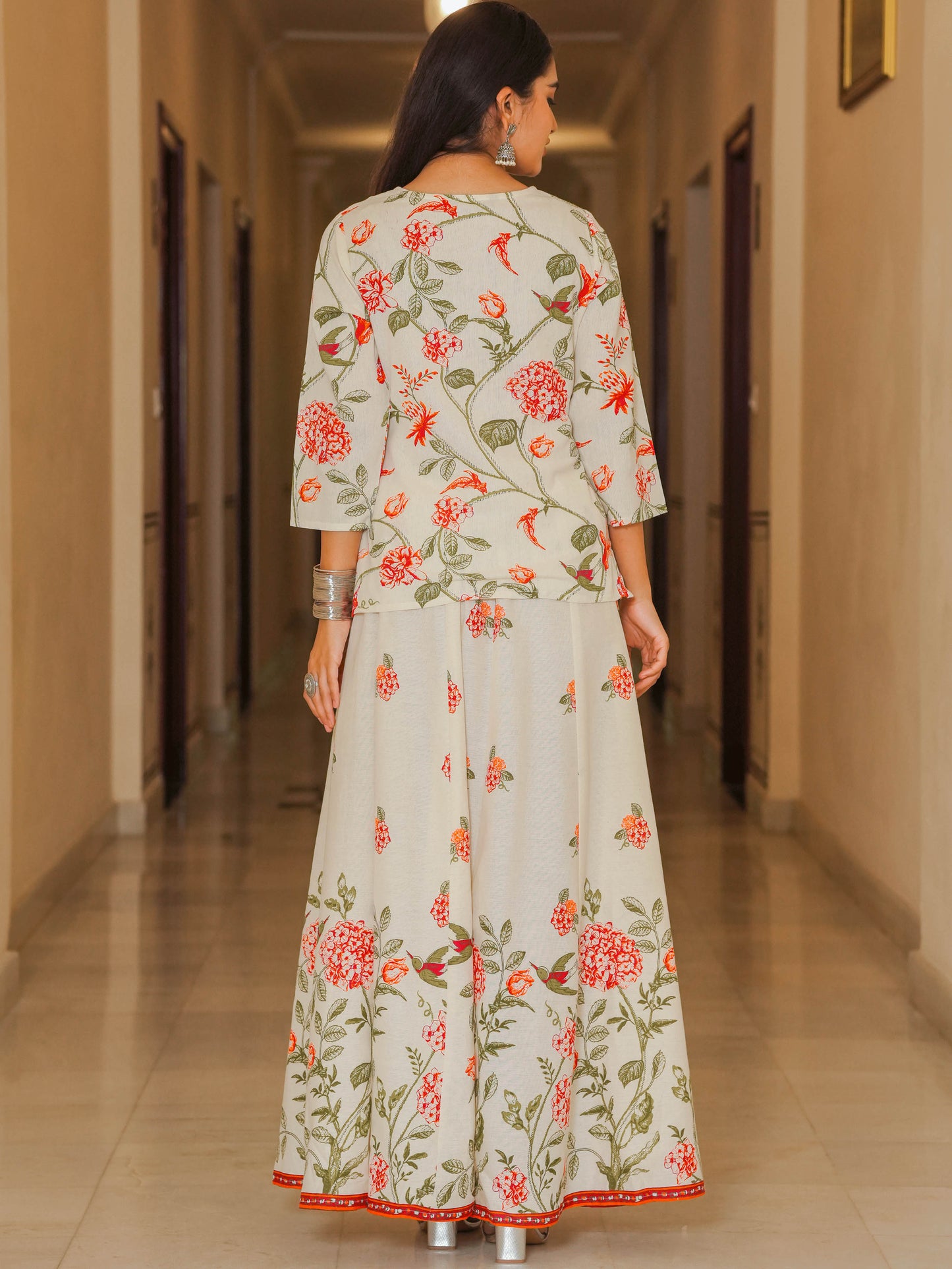 Linen Cotton Floral Straight Off White Kurta