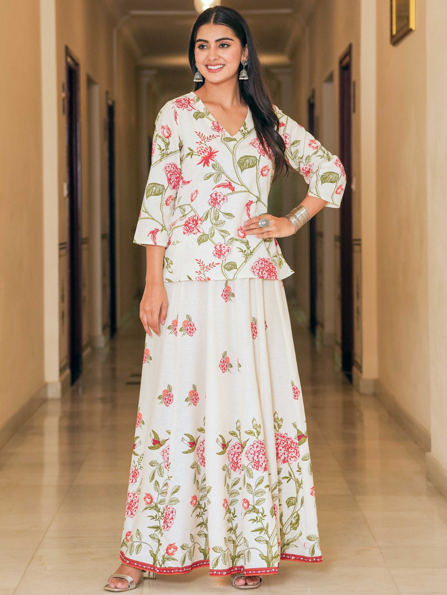 Linen Cotton Floral Straight Off White Kurta