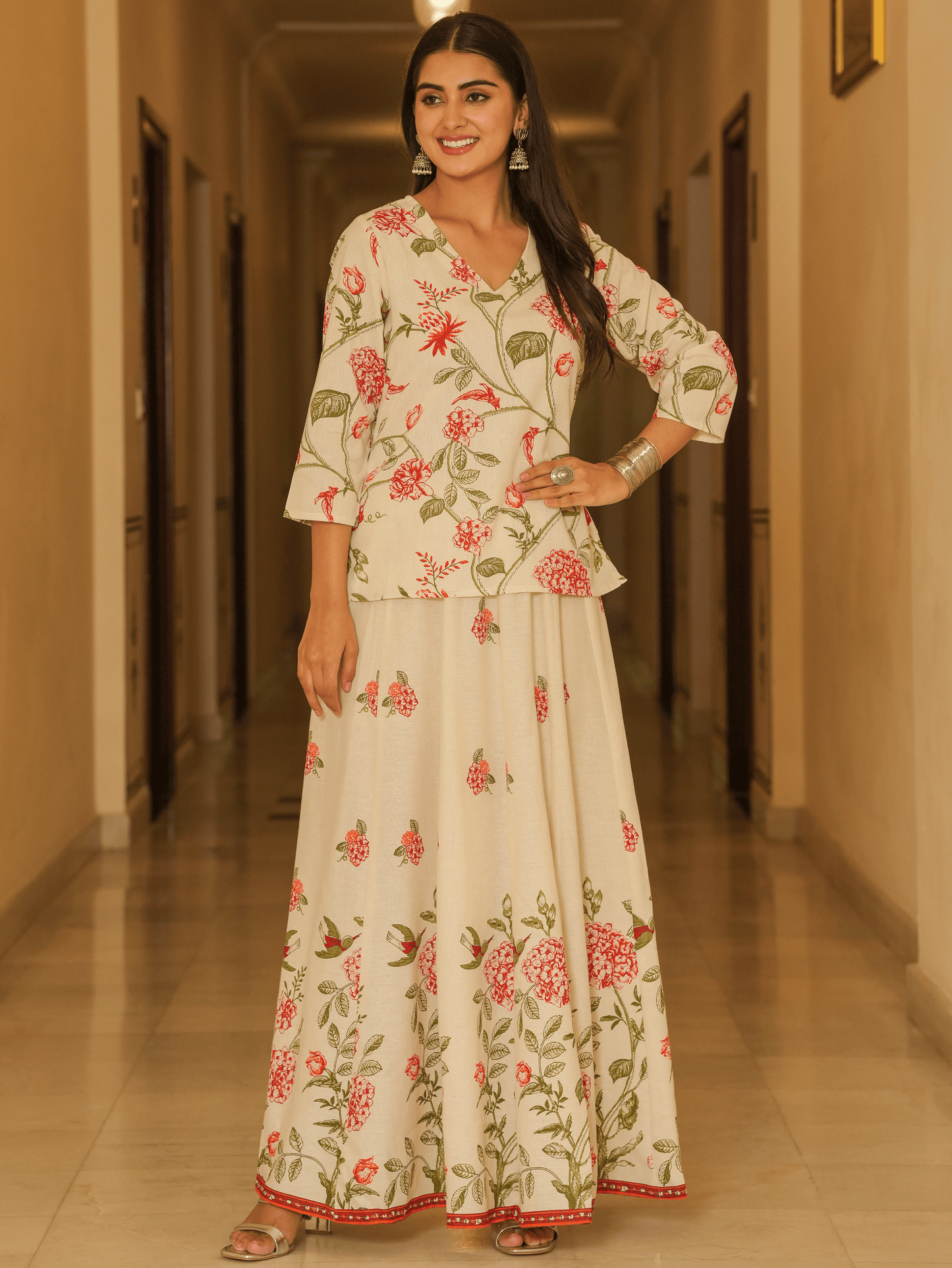 Linen Cotton Floral Straight Off White Kurta