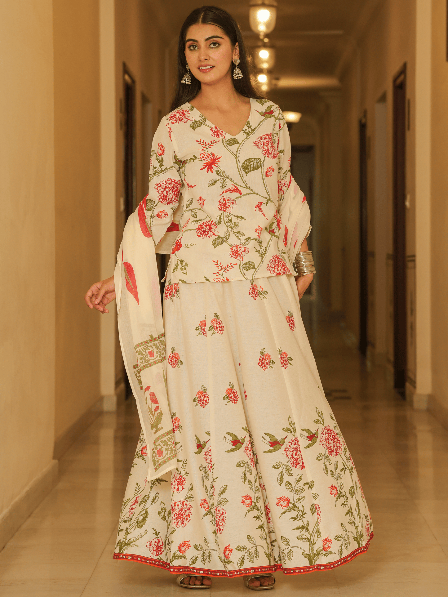 Linen Cotton Floral Straight Off White Kurta