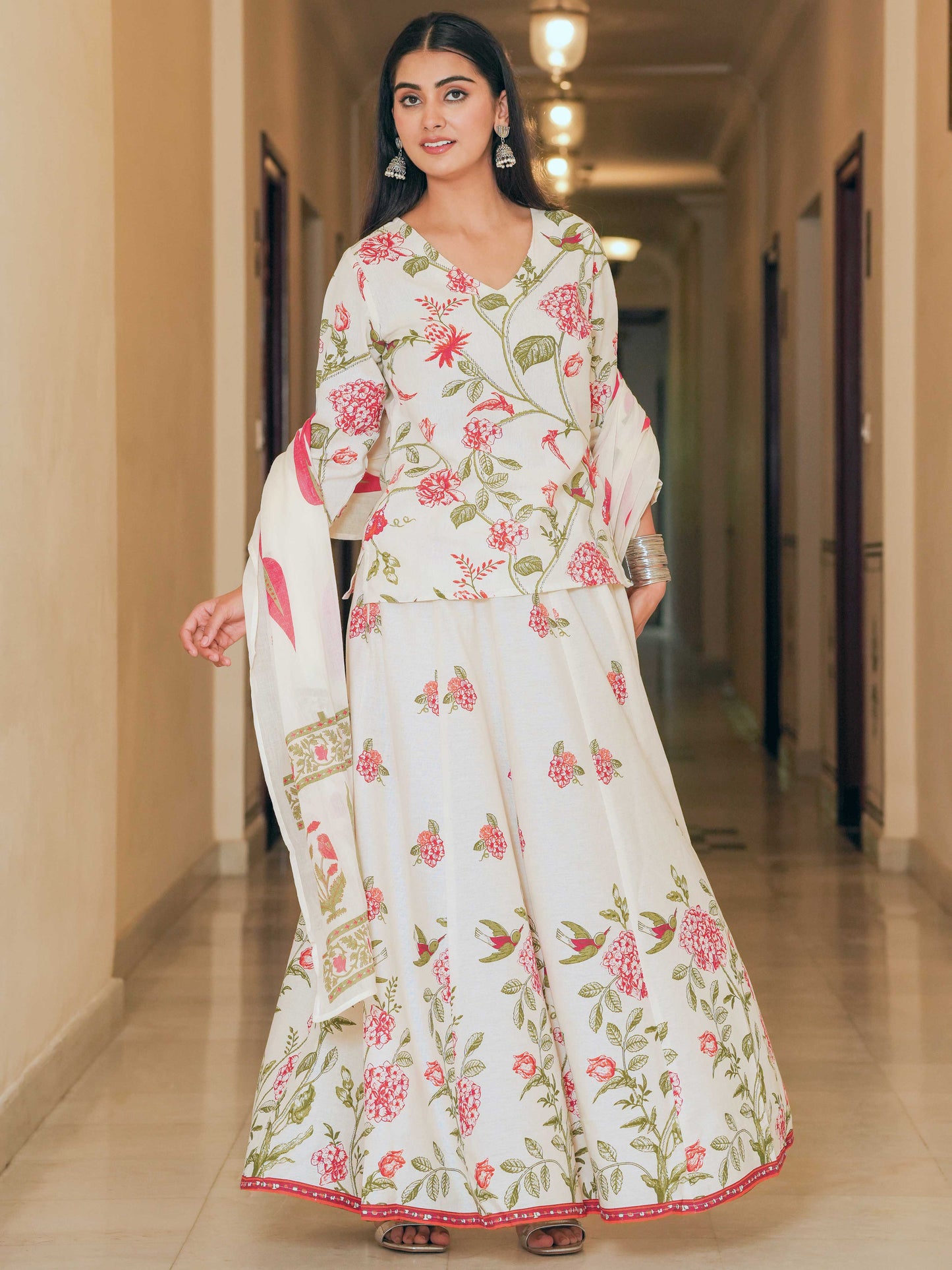 Linen Cotton Floral Straight Off White Kurta