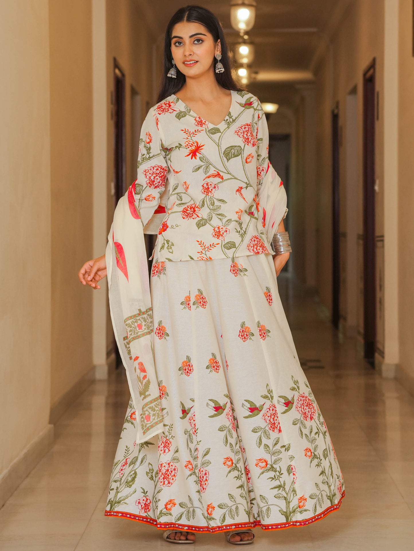 Linen Cotton Floral Straight Off White Kurta
