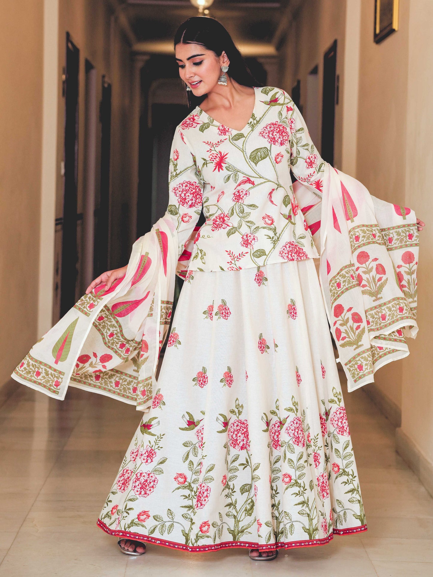 Linen Cotton Floral Straight Off White Kurta