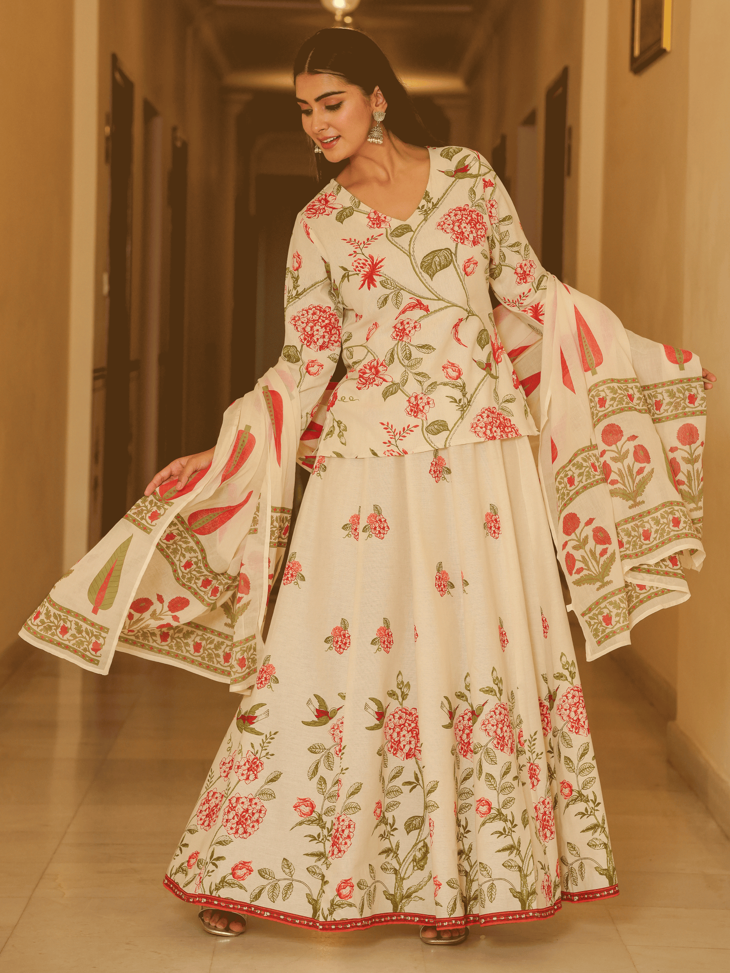 Linen Cotton Floral Straight Off White Kurta